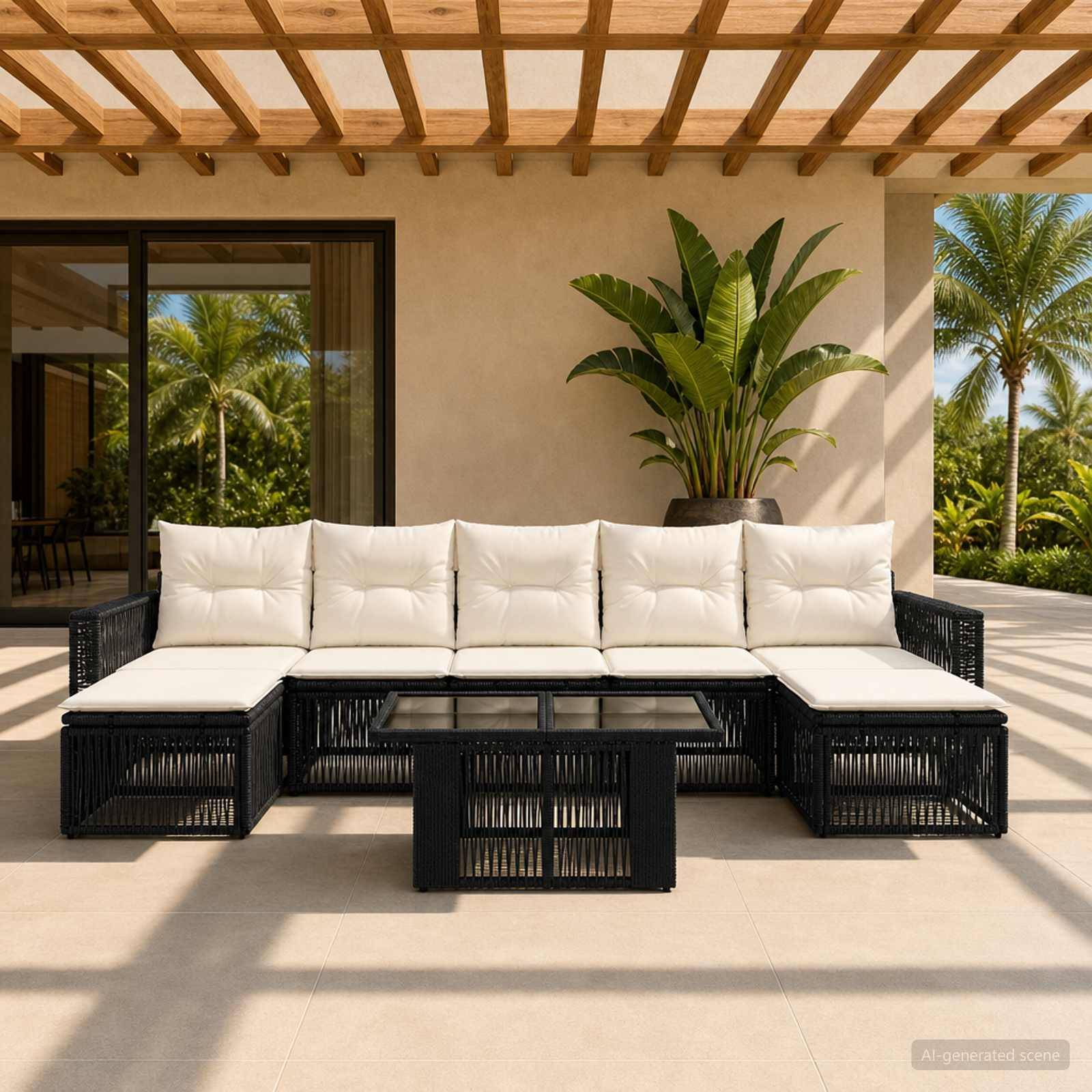 Außenpatio mit schwarzem Korbrattan-Ecksofa, cremefarbenen Kissen und Couchtisch unter einer Pergola, neben einer getopften tropischen Pflanze.