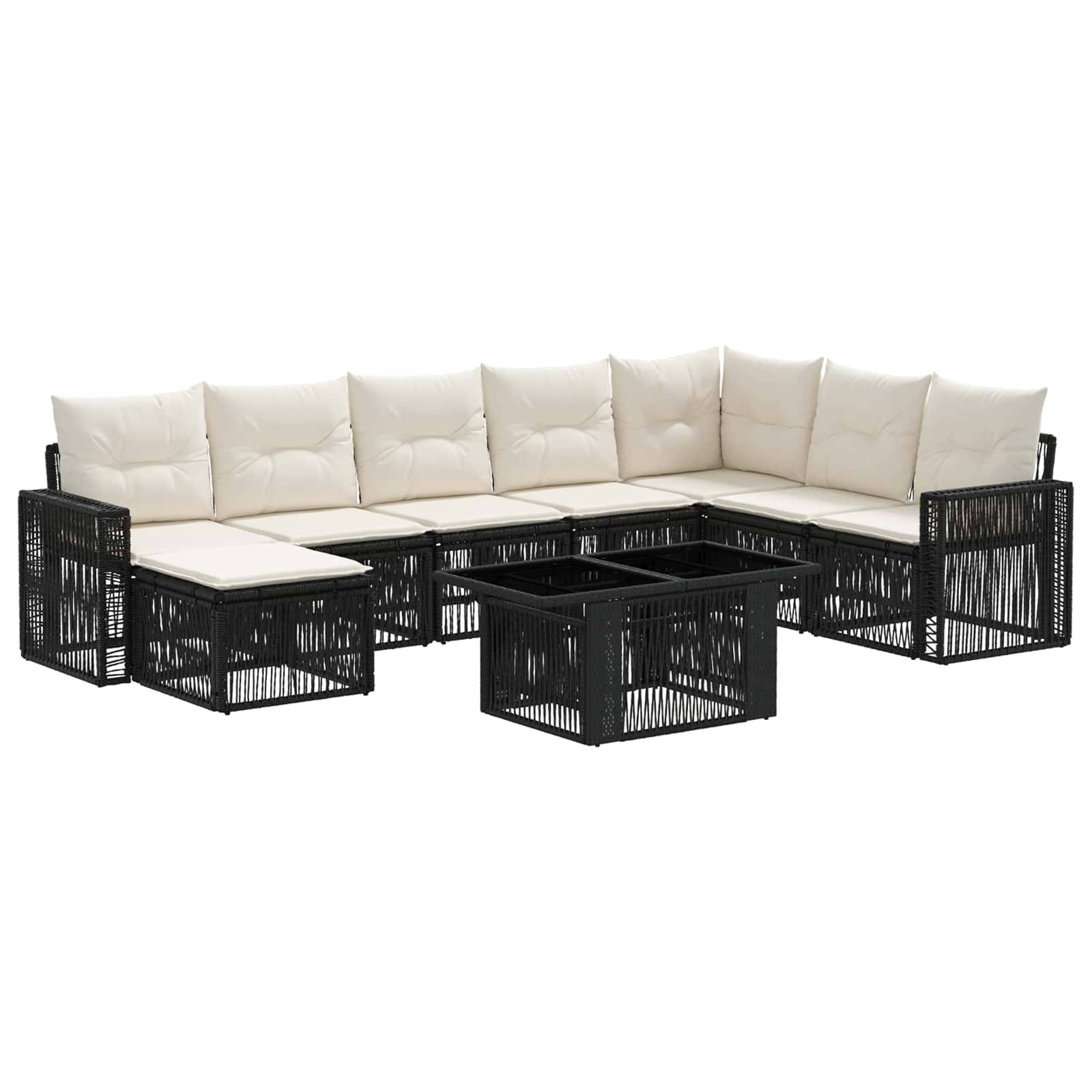 L-förmiges Außen-Ecksofa mit beigen Kissen und schwarzem Rattanrahmen, mit passenden quadratischen Couchtischen auf weißem Hintergrund.