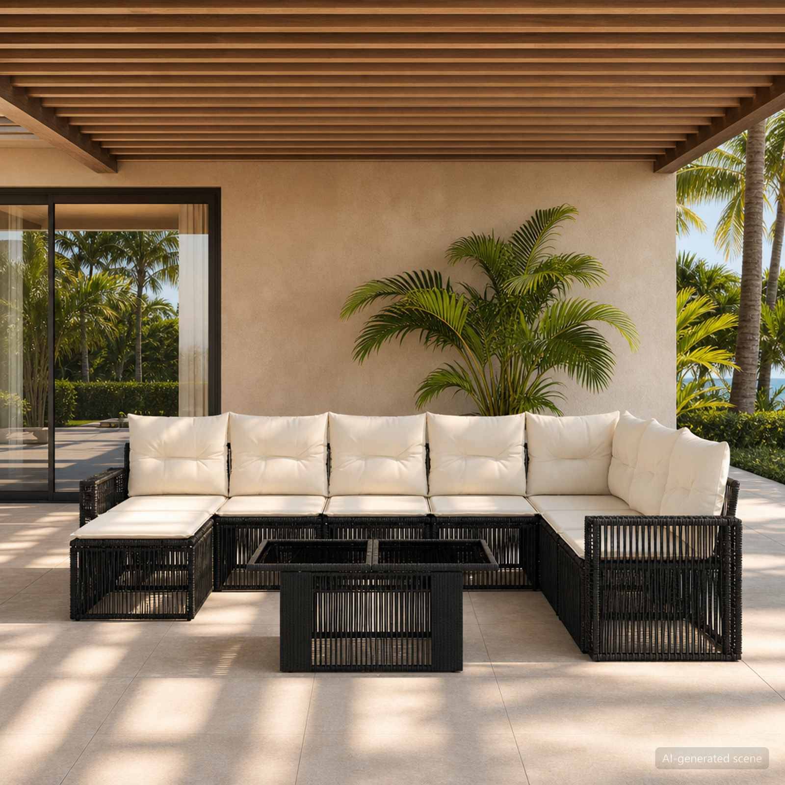 Außenterrasse mit schwarzem Ecksofa, cremefarbenen Kissen und Glaskaffeetisch unter einer Lamellenpergola, mit Tropenpflanzen und Glasschiebetüren.