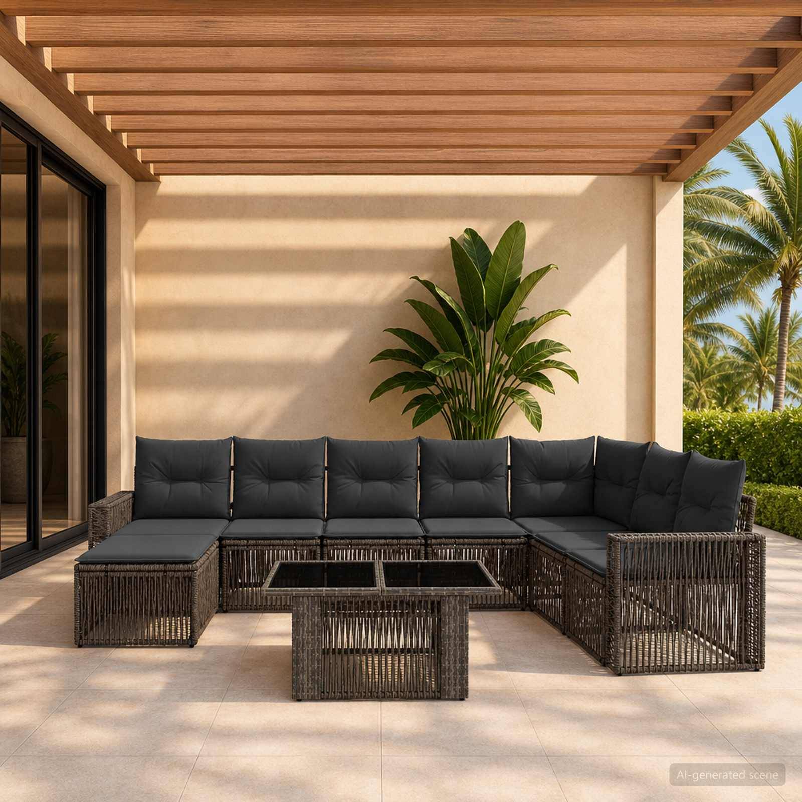 Terrassenbereich im Freien mit dunklem Polyrattan-Ecksofa, Glascouchtisch und topfierter Tropenpflanze unter einer Holzpergola.