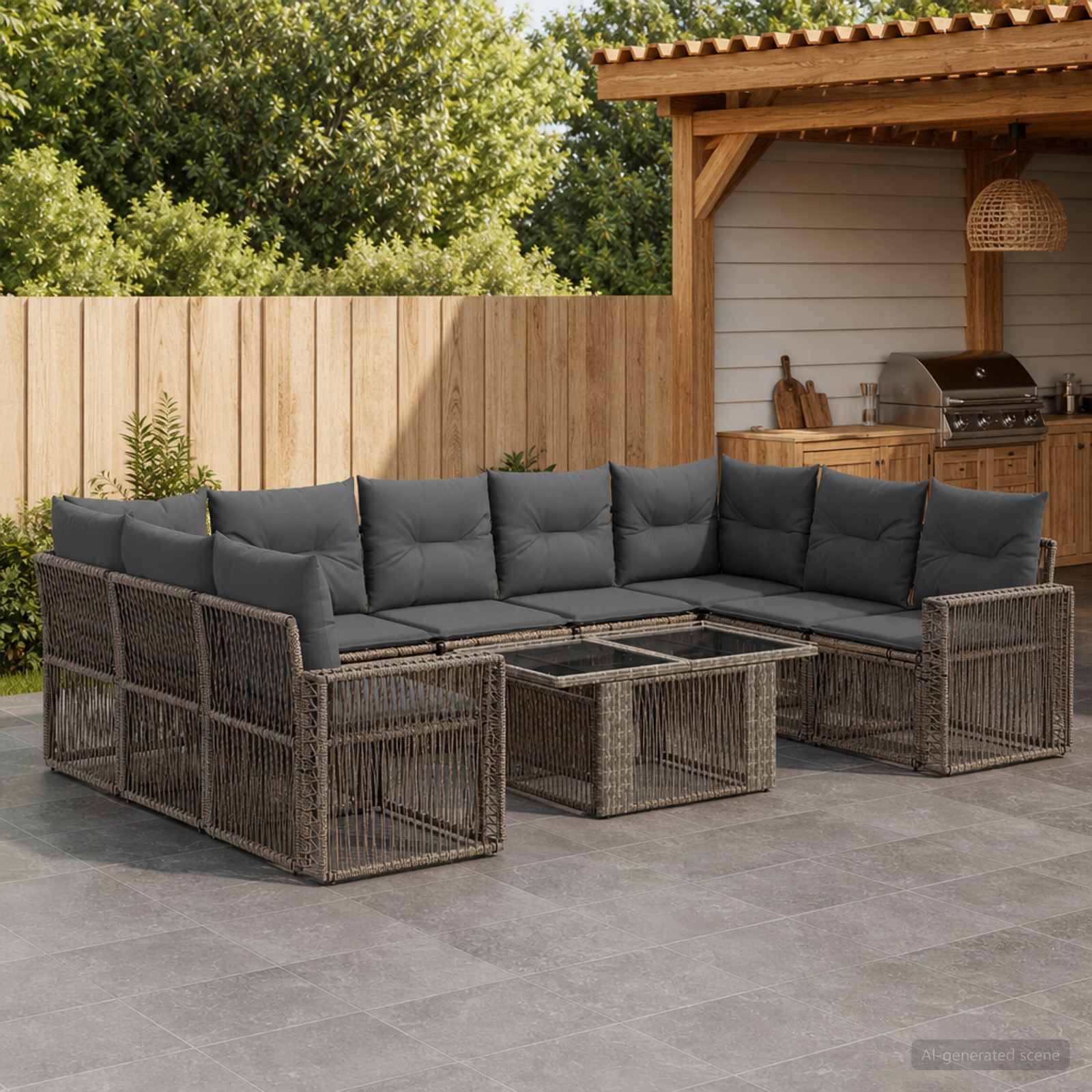 Outdoor-Rattanecksofa mit dunklen Kissen und zwei Glastisch-Couchtischen auf einer Terrassenfläche neben einem Holzzaun und einem Grillbereich im Hinterhof.