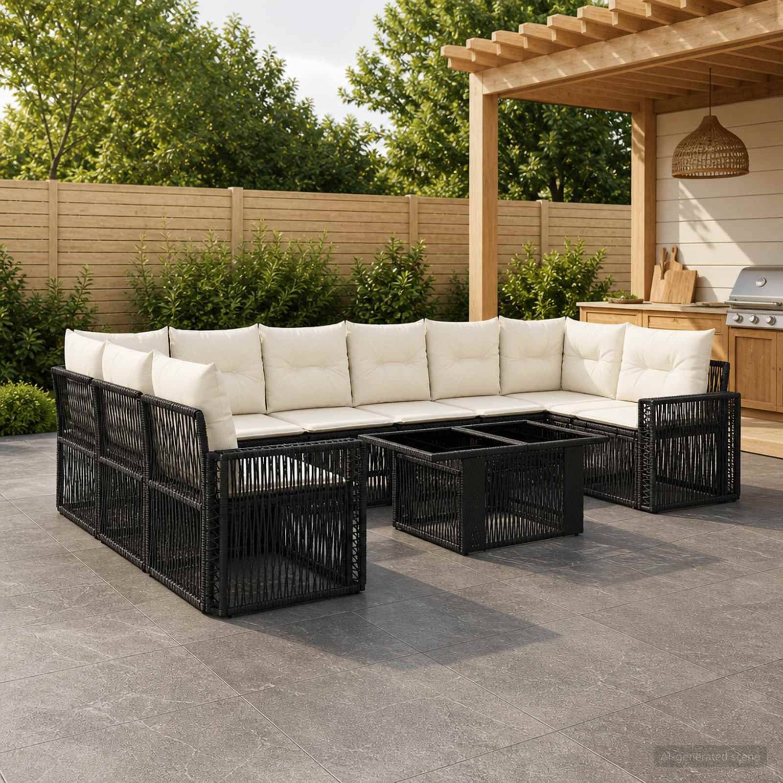 Moderner Gartenmöbel-Set mit schwarzem Polyrattan-Ecksofa, weißen Kissen und passenden Couchtischen unter einer Pergola auf einer Hofterrasse.