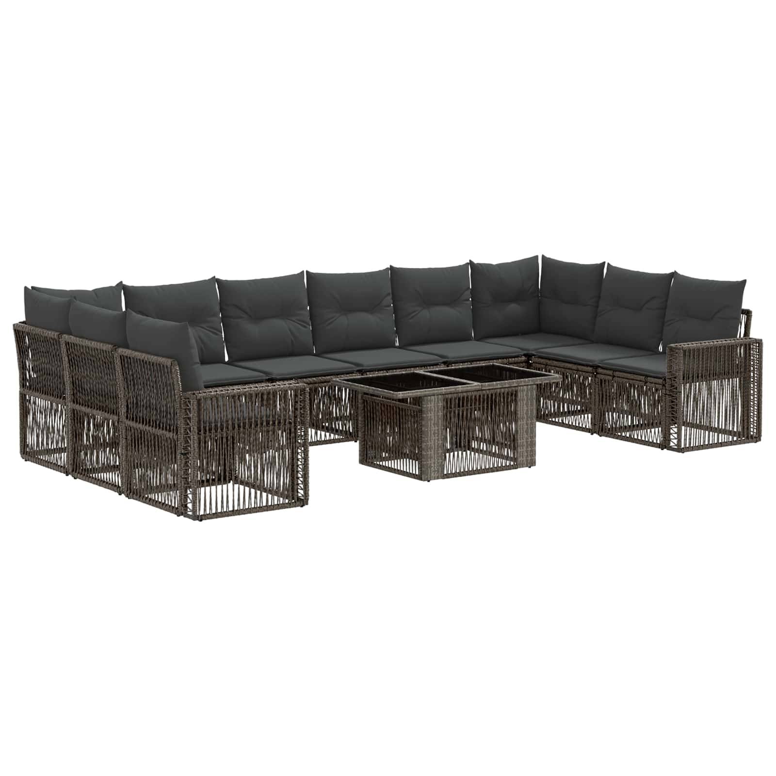Braunes geflochtenes Rattanmodulsektionalsofa mit dunkelgrauen Kissen und eingebauten Glastischen