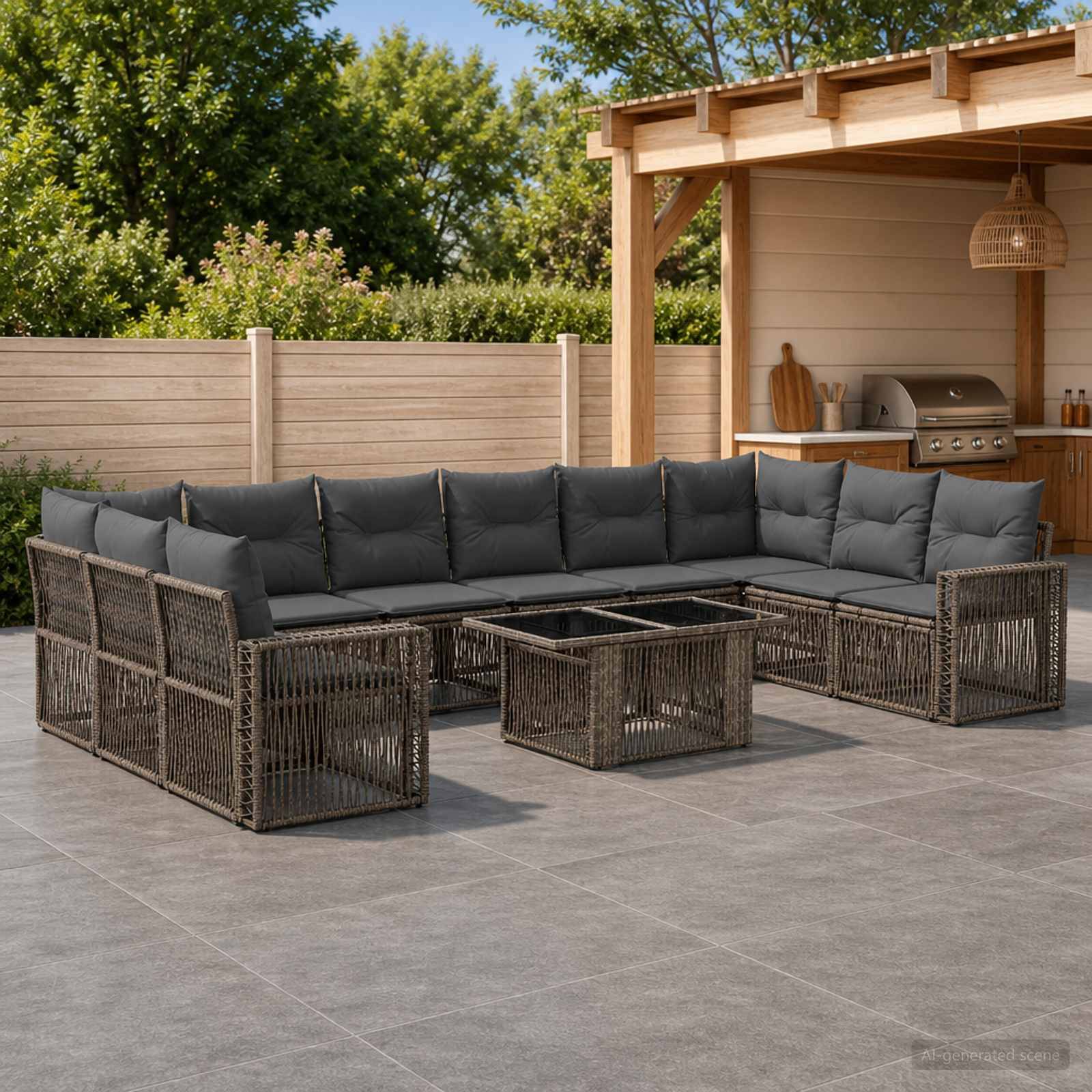 Outdoor-Terrassensofa-Set aus Rattan-Rahmen mit dunklen Sitzkissen und Glastischen unter einer Pergola neben einer Grillstation.