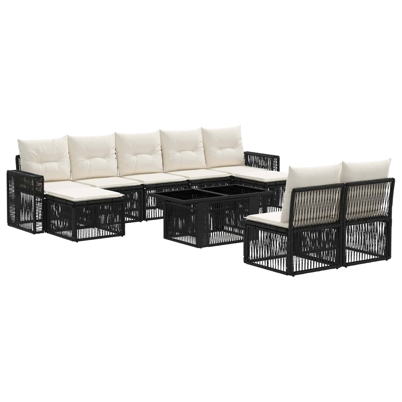 Schwarzes Korbgeflecht-Außenpatio-Ecksofa-Set mit beigen Kissen und passendem Couchtisch auf weißem Hintergrund.