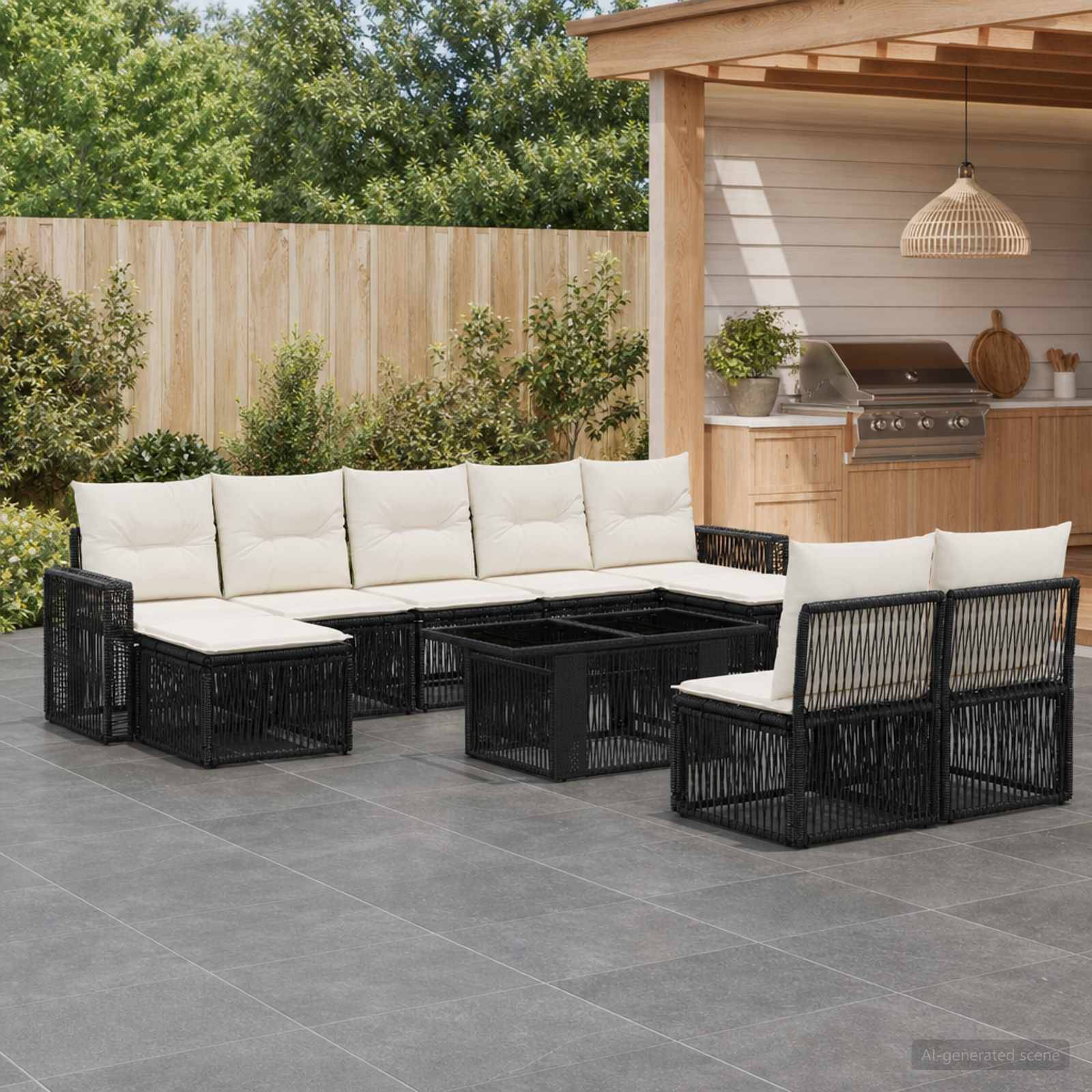 Outdoor-Sitzgarnitur für die Terrasse mit schwarzem geflochtenem Ecksofa, zwei Stühlen und Couchtisch neben einer Außenküche und einem Grillbereich im Hinterhof.