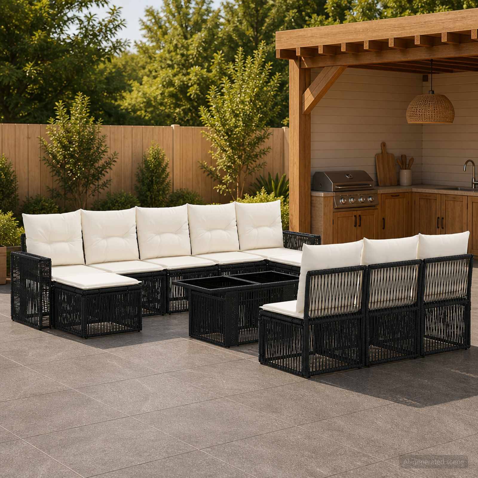 Outdoor-Terrasse mit schwarzem Polyrattan-Ecksofa und weißen Kissen um einen niedrigen Couchtisch neben einer Holz-Außenbar und Grill.