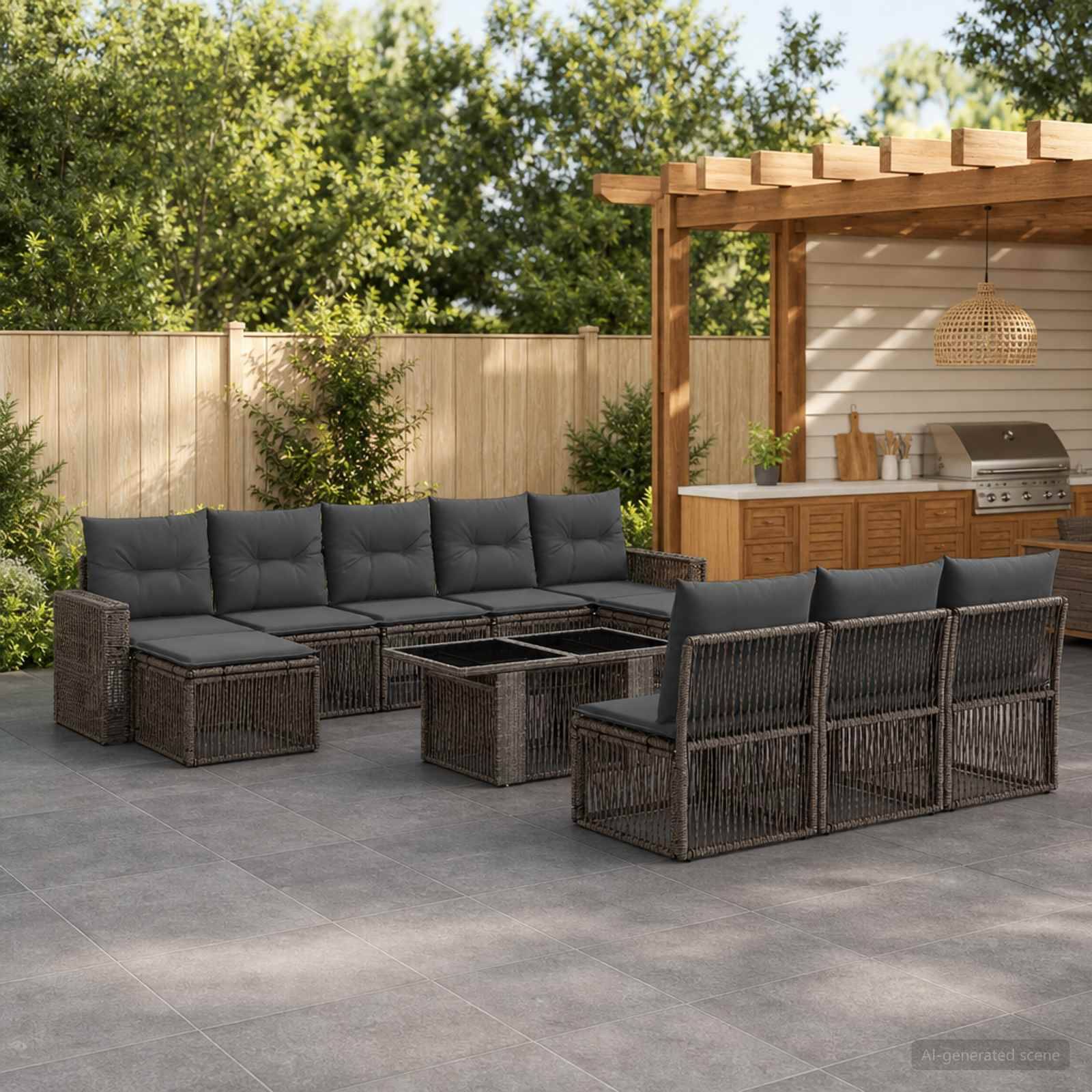 Terrasse im Freien mit dunklem Rattansektionalsofa, Tisch und Essstühlen neben einer Pergola im Hinterhof und einem Grillbereich.