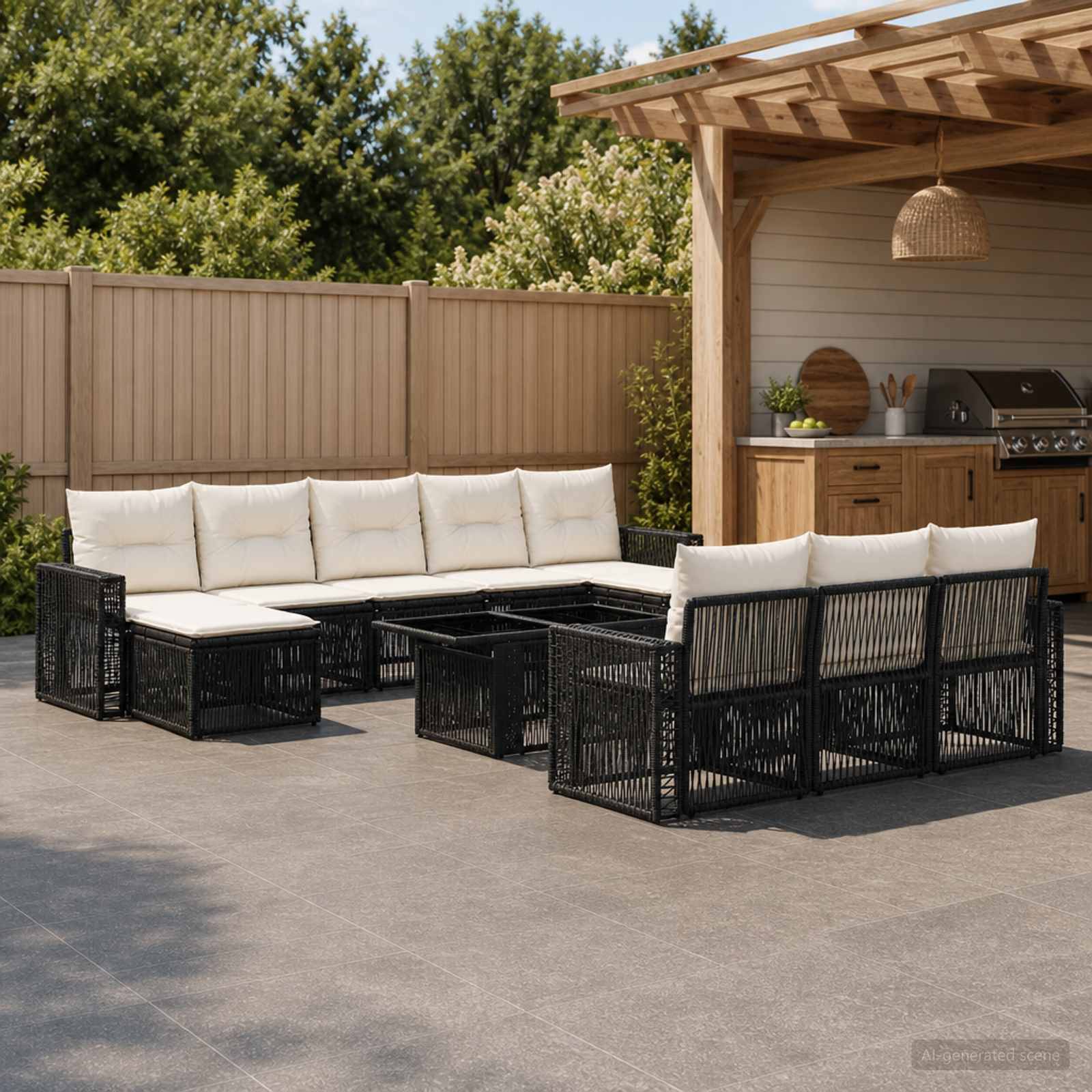 Outdoor-Terrasse mit schwarzen Rattan-Ecksofa und weißen Kissen um einen niedrigen Tisch neben einer Holzbar und einem Zaun.