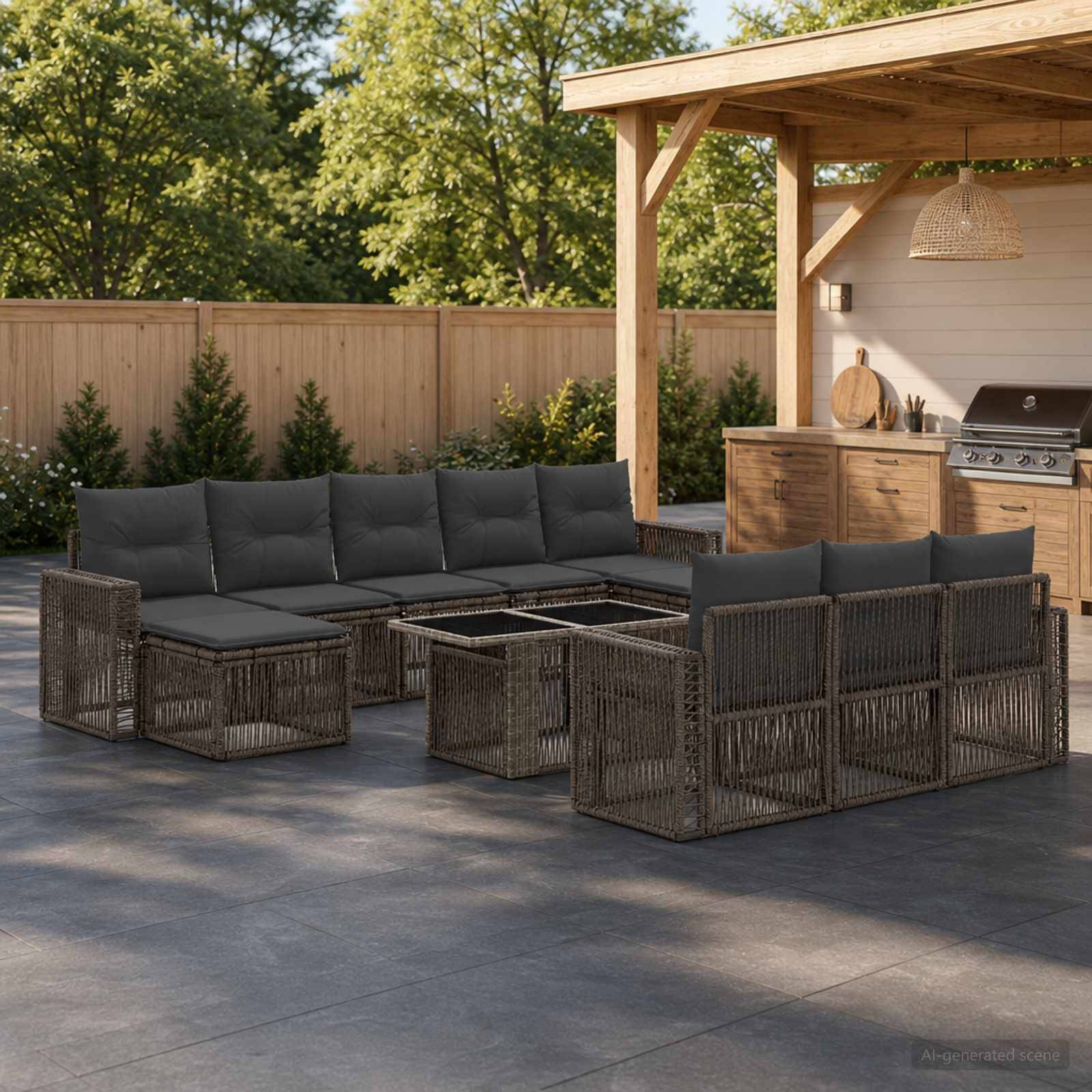 Außenterrasse mit dunklem Rattanpolstersystem und Couchtischen rund um eine Feuerstelle, neben einer überdachten Grillstation aus Holz und einem Sichtschutzzaun.