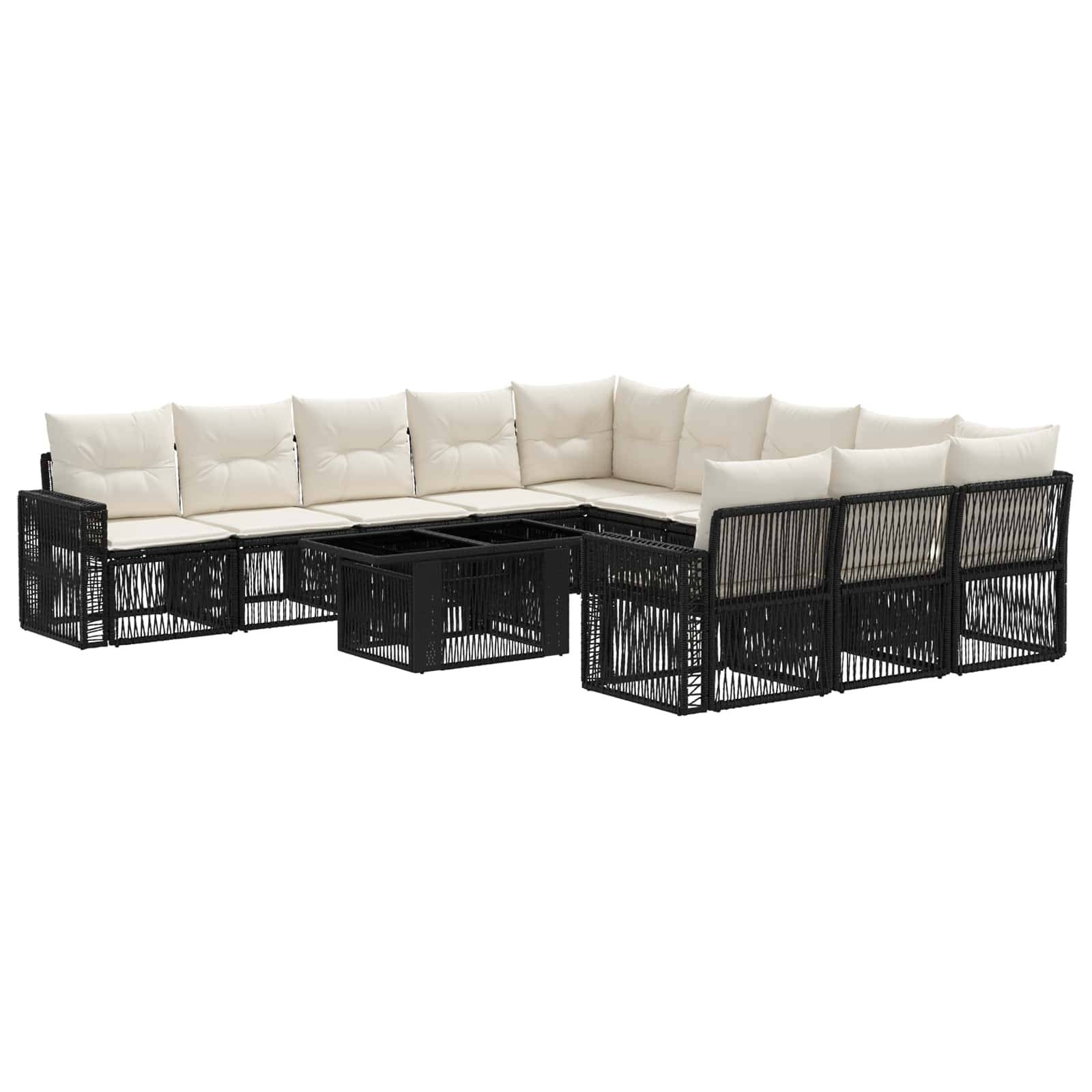 Schwarzes Outdoor-Ecksofa mit weißen Kissen und eingebauten Ecktischen, gezeigt in einer L-förmigen Terrassenlayout.