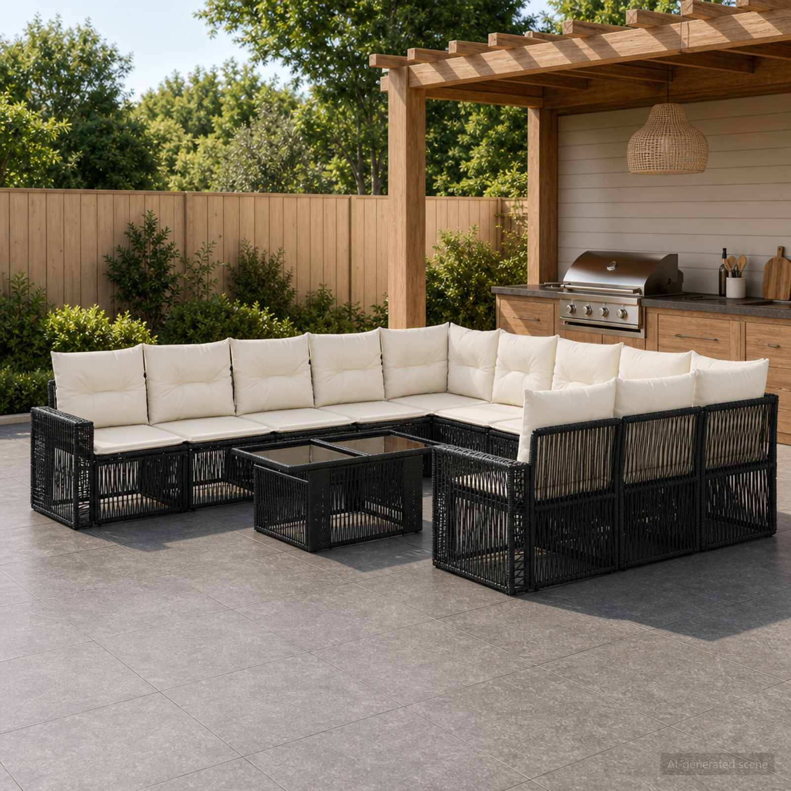 Außenbereich mit Terrassensitzplatz mit einem schwarzen Polyrattan-L-förmigen Ecksofa, weißen Kissen und passendem Couchtisch neben einer überdachten Grillstation.
