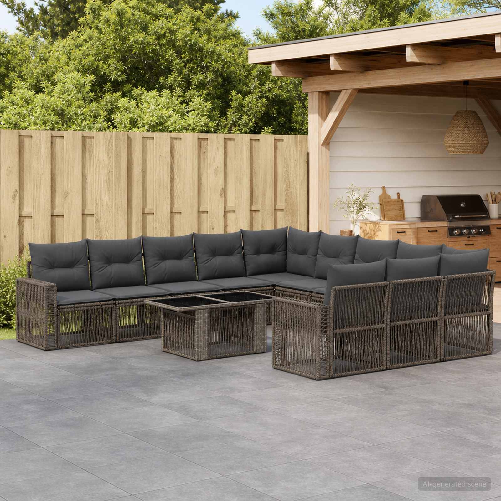 Außenterrasse mit dunklem Rattan-Ecksofa und passenden Couchtischen vor einem Holzzaun und einer Gartenlaube im Hintergrund.
