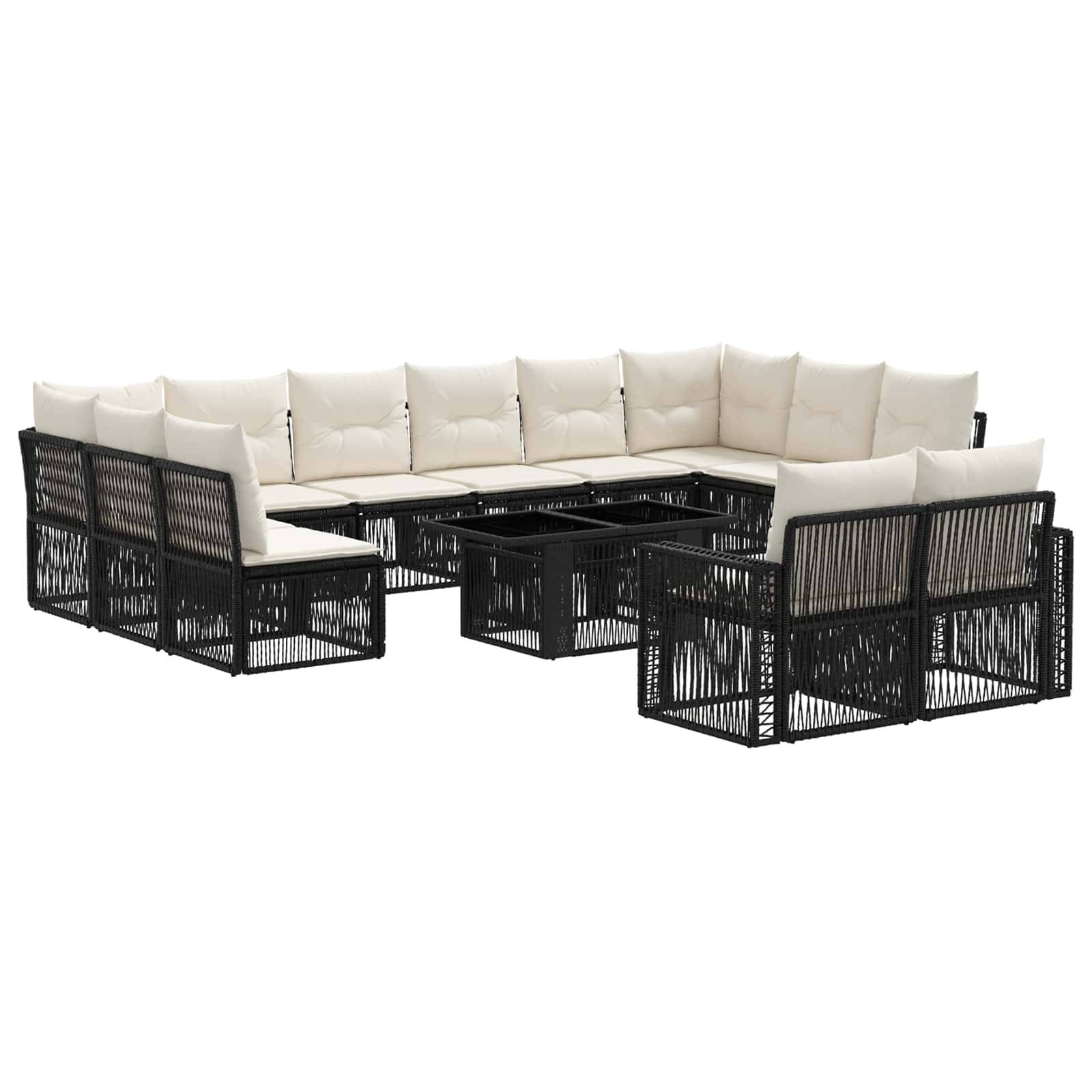 Modulare Outdoor-Patio-Sofagarnitur mit schwarzen geflochtenen Rahmen, cremefarbenen Kissen und passenden Glastischen in U-Form angeordnet