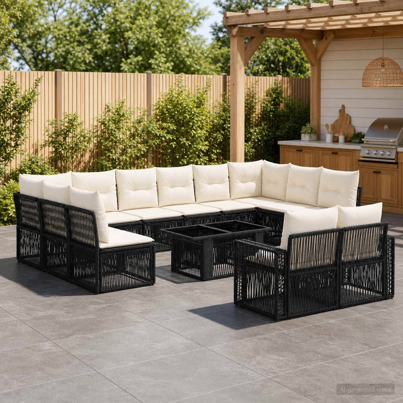Outdoor-Terrassenmöbel-Set mit schwarzem Rattan-Ecksofa und cremefarbenen Kissen, die um einen zentralen Feuerkorbentisch angeordnet sind, in der Nähe eines Grillbereichs im Hinterhof.