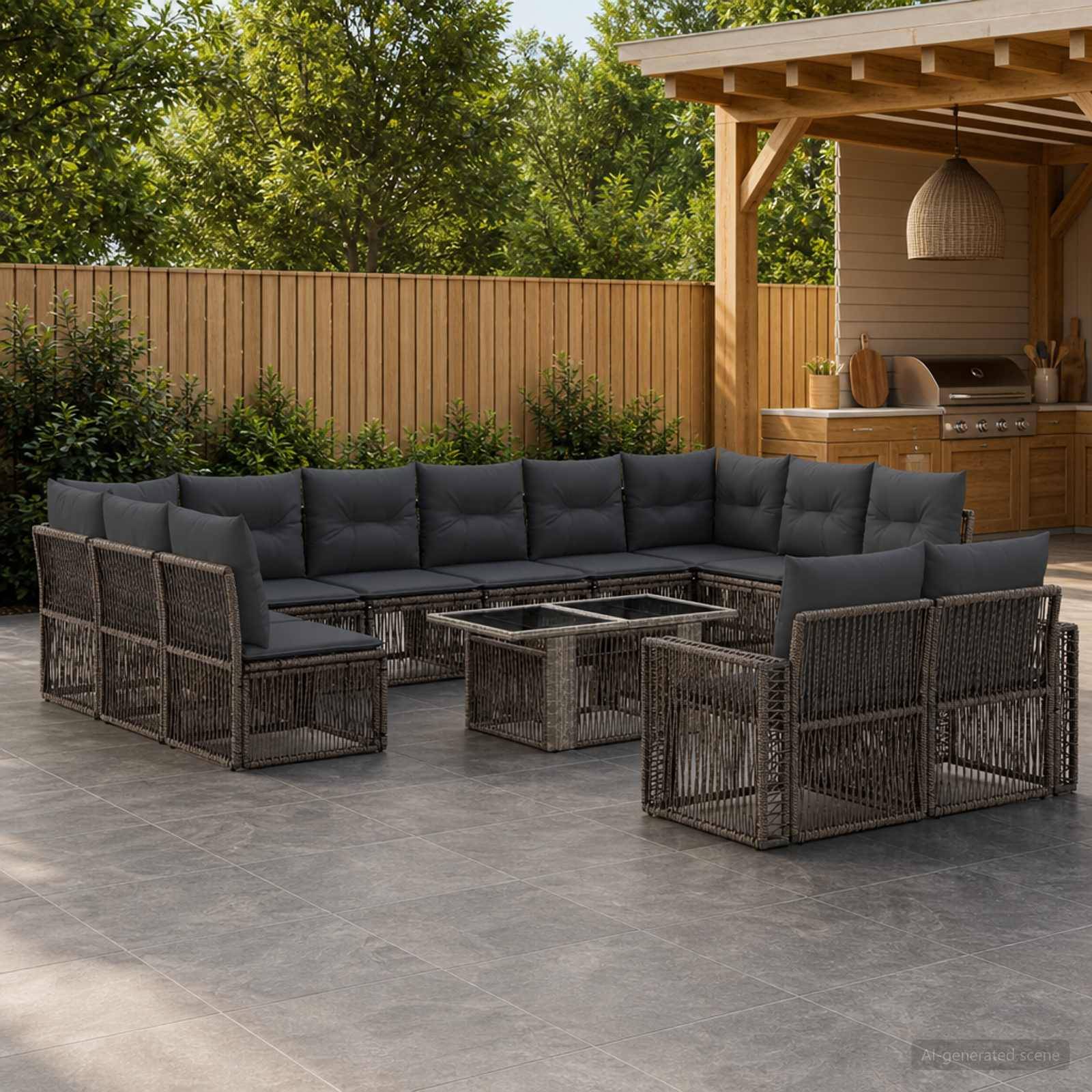 Außenbereich mit Terrassenmöbeln bestehend aus einem dunklen Rattan-Ecksofa, Sesseln und Glastischen neben einem überdachten Grill/Bar-Bereich.