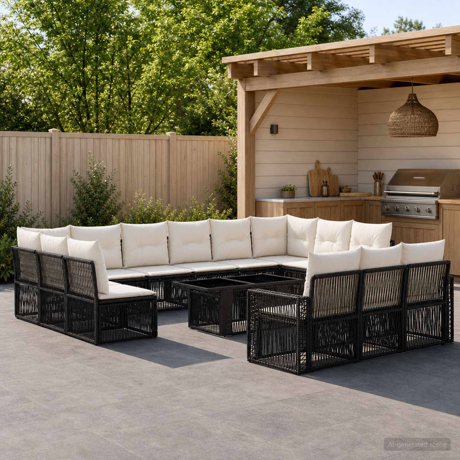 Terrasse im Freien mit schwarzem geflochtenem Ecksofa um einen niedrigen Tisch herum, neben einer überdachten Grillstation und Holzzaun im Hinterhof.