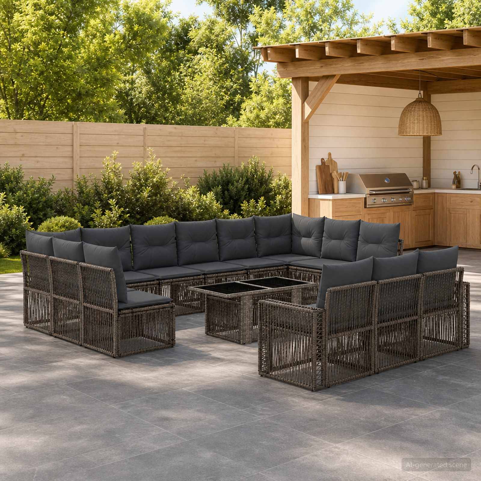 Outdoor-Terrasse mit L-förmigem Korbsessel, passenden Stühlen und Glastisch neben einer Grillstation im Hinterhof.