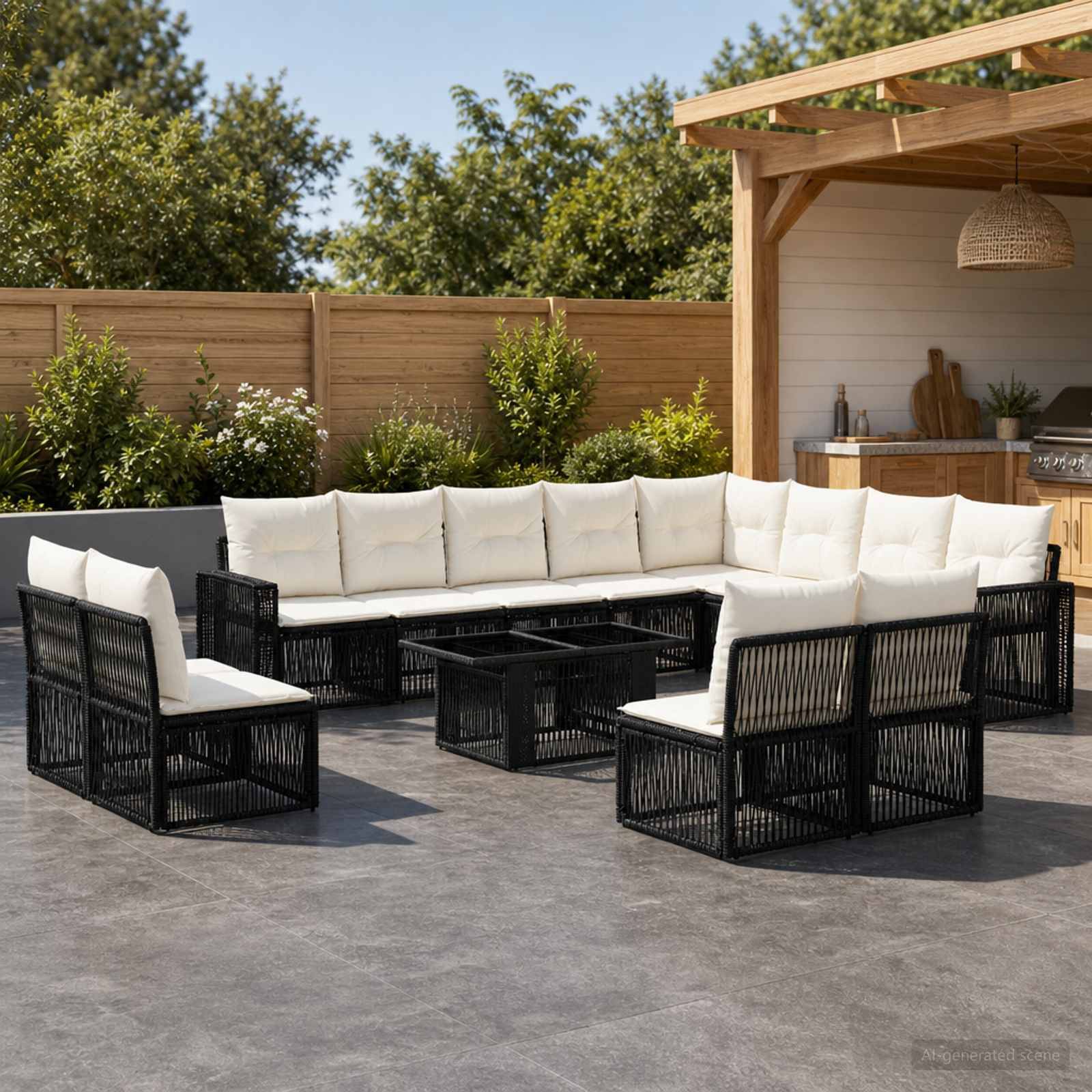 Outdoor-Terrassenmöbelset mit schwarzen geflochtenen Sectional-Stühlen und weißen Kissen, die um einen niedrigen Couchtisch unter einer Holzpergola angeordnet sind.