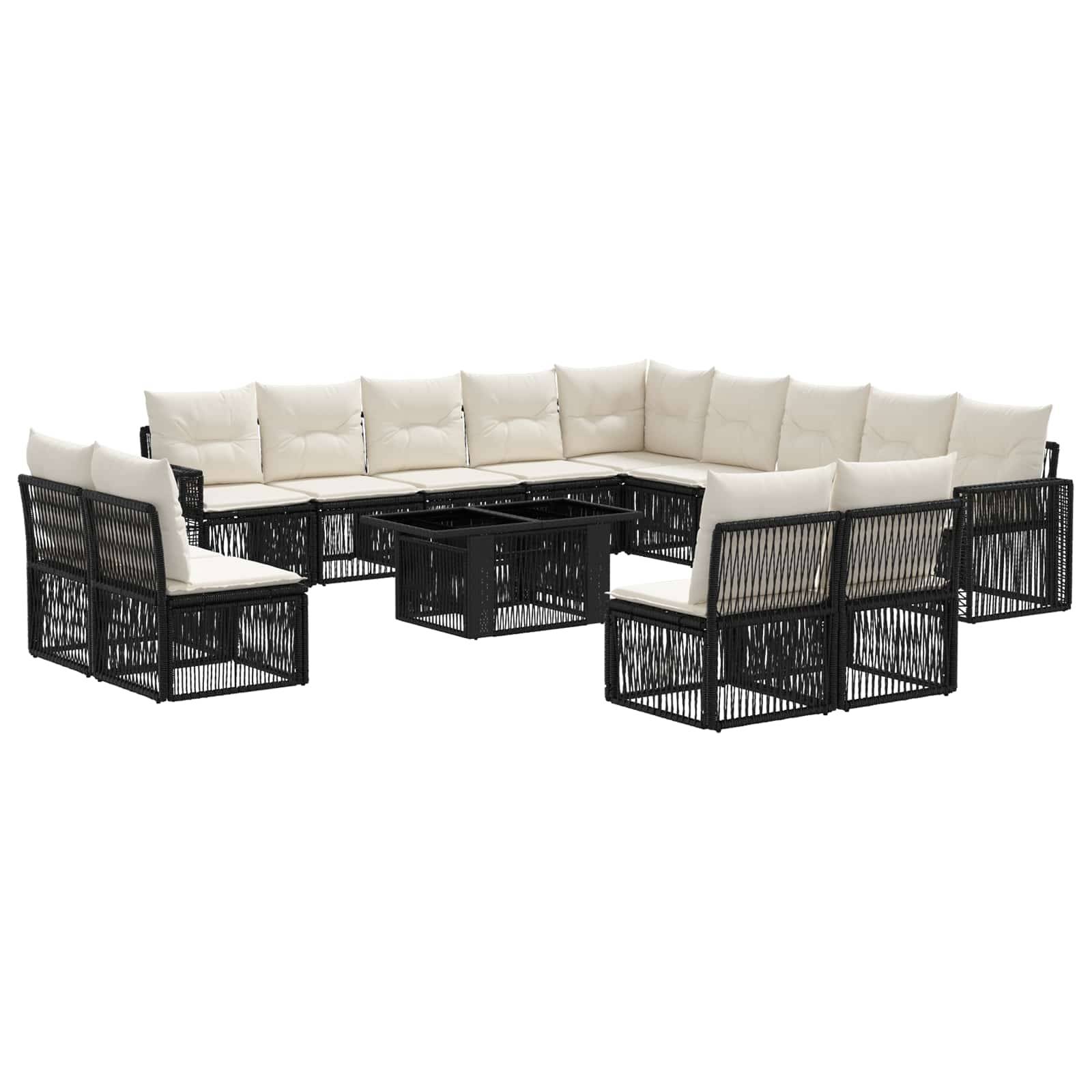 Schwarzes Flechtwerk-Außensektional-Patio-Set mit cremefarbenen Kissen und zentralem Couchtisch auf weißem Hintergrund.