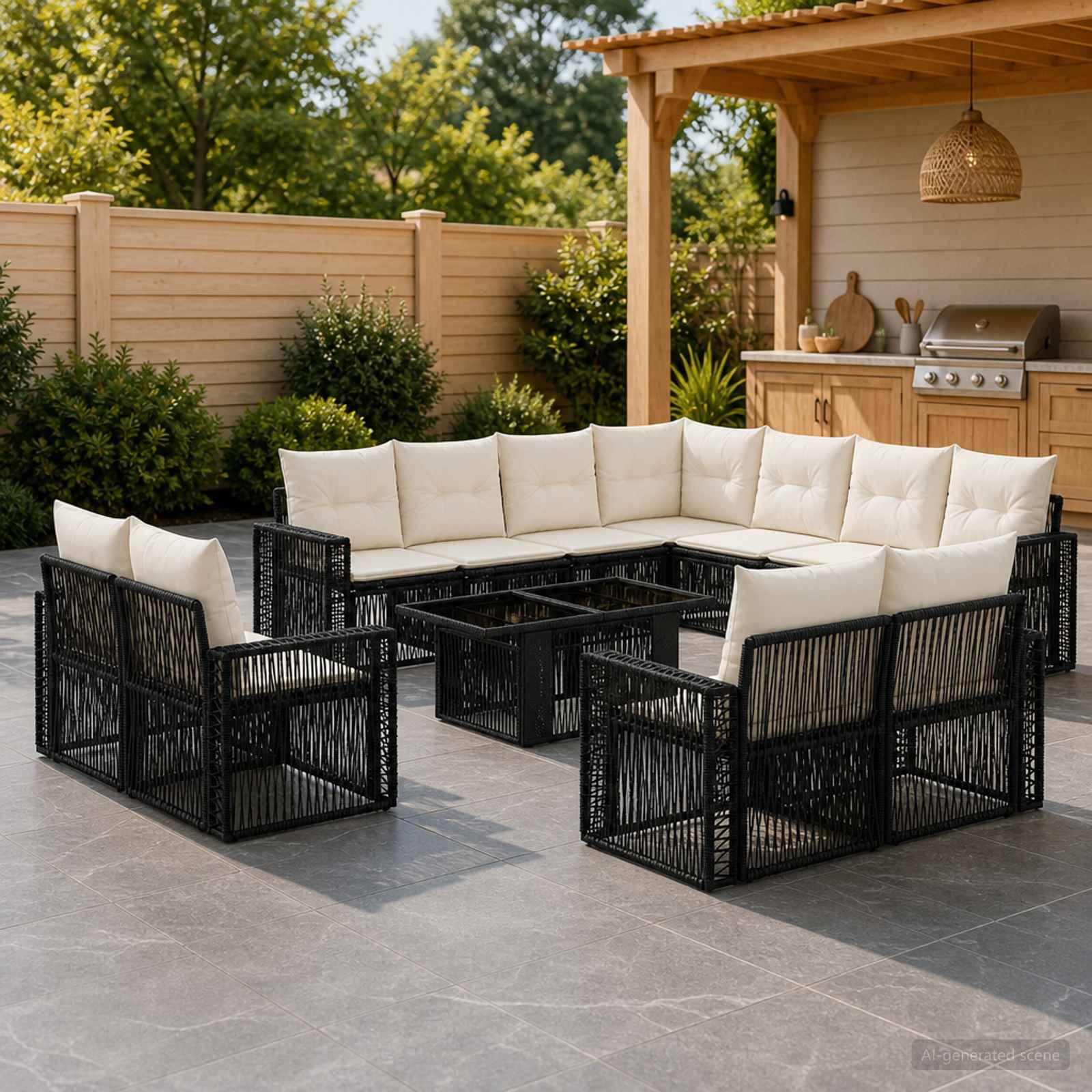 Außenterrassen-Sitzmöbel-Set mit schwarzen Rattansessel-Elementen, cremefarbenen Kissen, passenden Sesseln und zentralen Tischen neben einem überdachten Grillbereich.