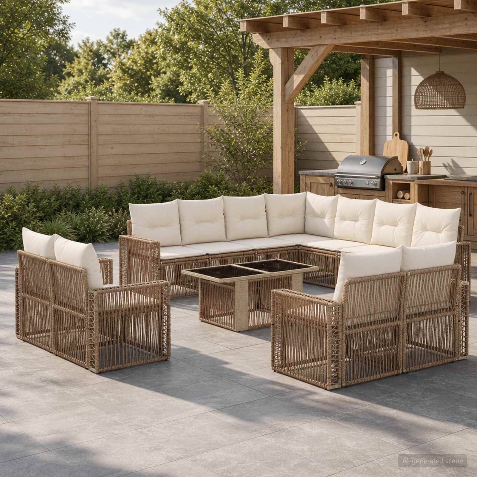Outdoor-Sitzmöbelset mit Rattan-Ecksofa, Sesseln und Glastisch-Couchtischen unter einer Holz-Pergola neben einer Grillstation.