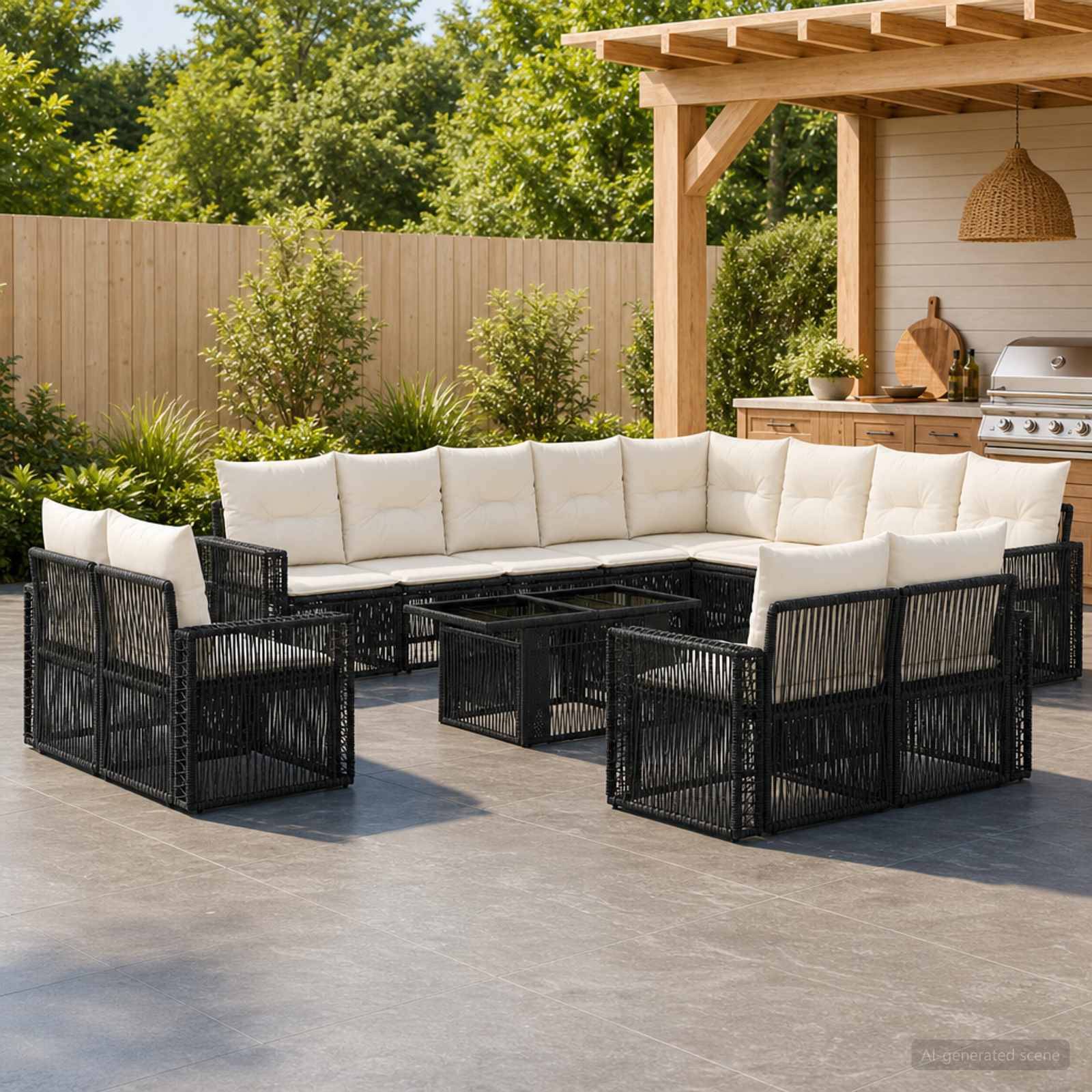 Outdoor-Sitzgarnitur mit schwarzen geflochtenen Ecksofa und weißen Kissen um einen zentralen Couchtisch unter einer Holzpergola, neben einer Grillstation.