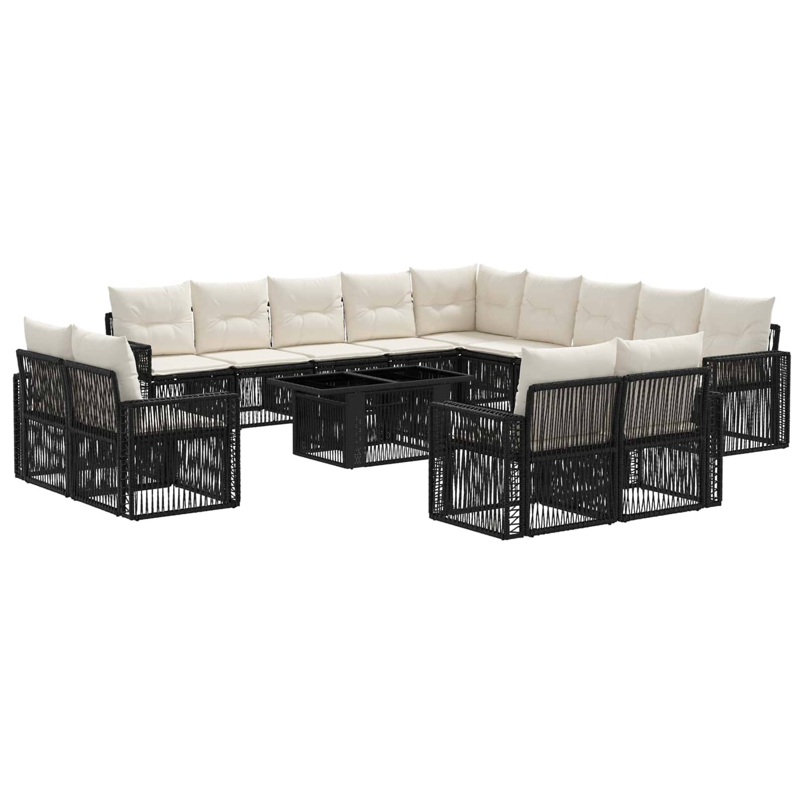 Modulares Outdoor-Loungesofa mit schwarzen geflochtenen Rahmen, beigen Kissen und passenden zentralen Couchtischen in U-Form angeordnet.