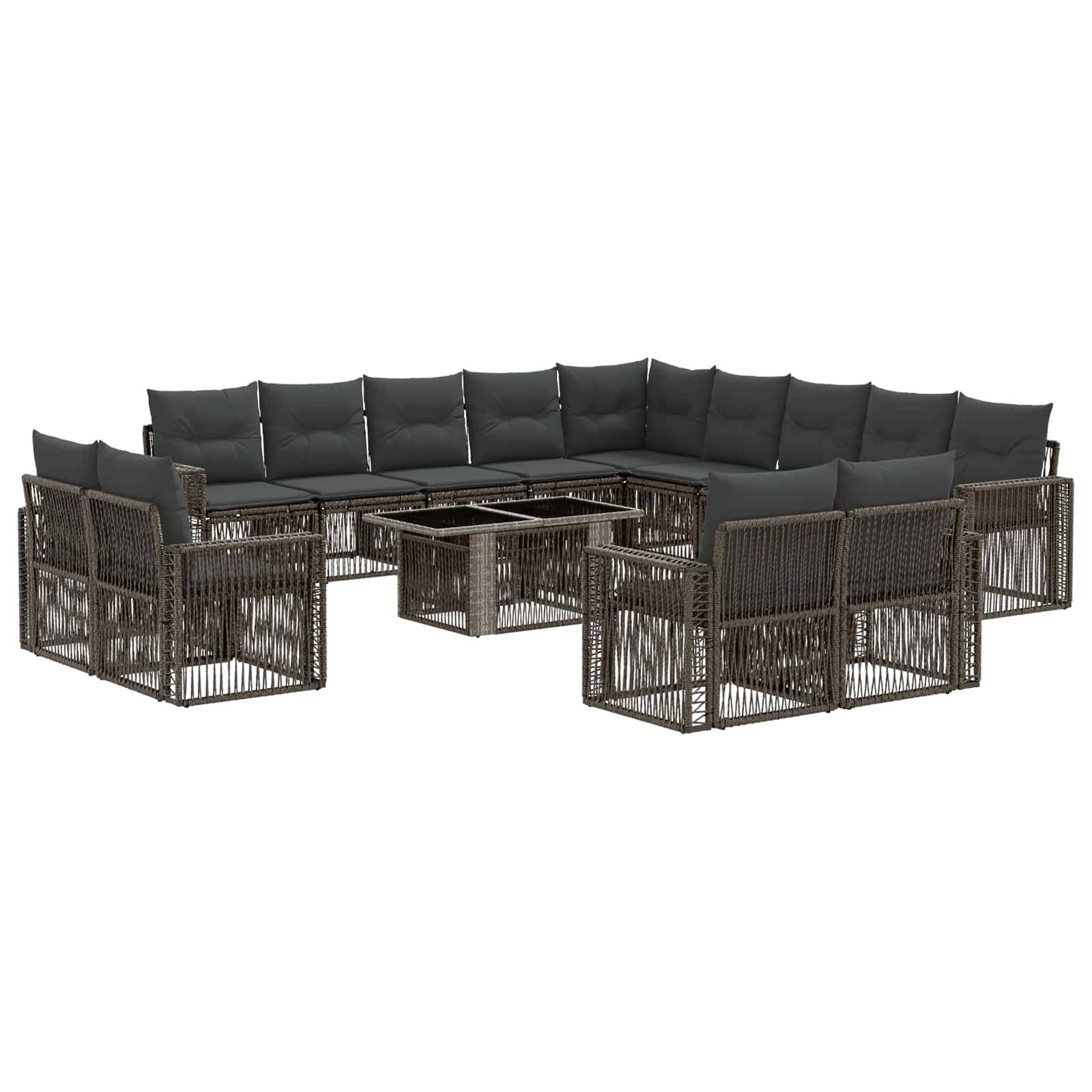 Modulares Outdoor-Sofa-Set mit dunklen Kissen, geflochtenen Metallrahmen, Sesseln, Eckplätzen und einem zentralen Glascouchtisch auf weißem Hintergrund.