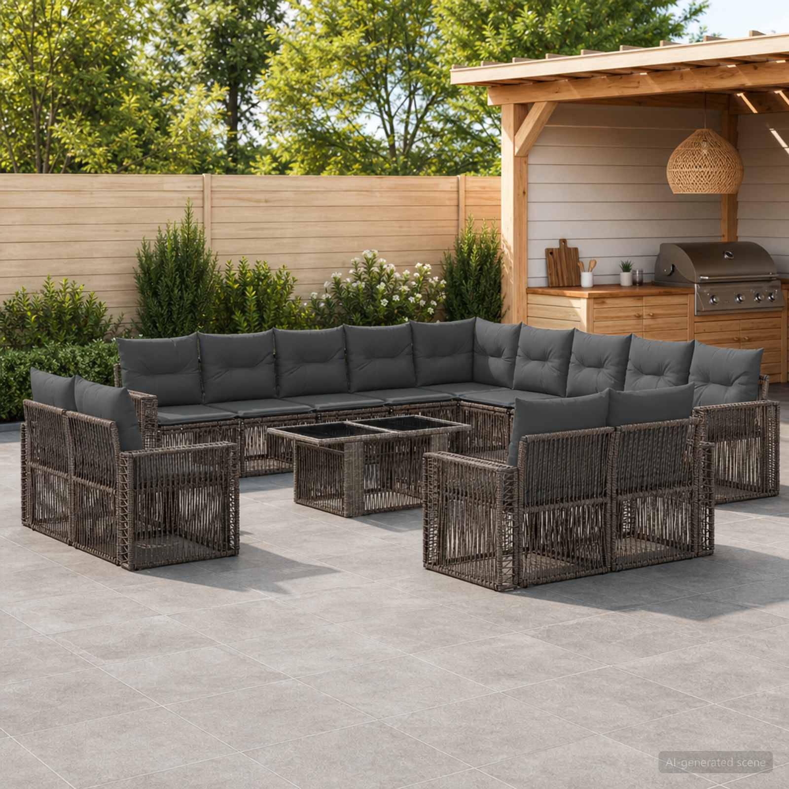 Außenbereich einer Terrasse mit dunklen Korbmöbeln in Modulform, passenden Stühlen und Glastischen mit Metallrahmen neben einem Gartenschuppen und einem Grill.
