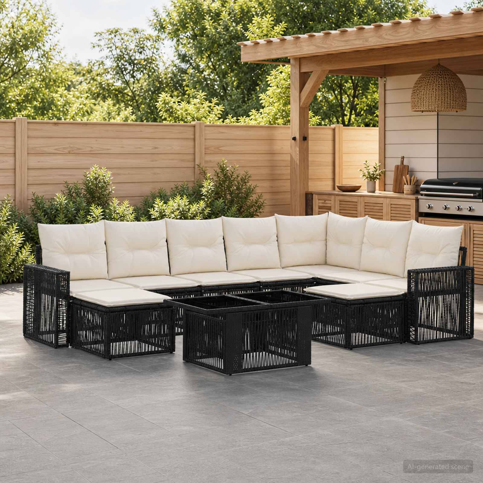 Outdoor-Terrasse mit schwarzem Korbgeflecht-U-förmigen Ecksofa und weißen Kissen um niedrige Tische, neben einem überdachten Grillbereich und Holzzaun.