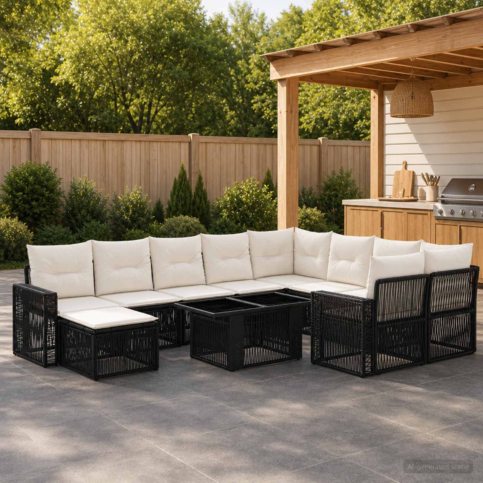 Outdoor-Terrassenecksofa-Set mit schwarzen Rattanrahmen und weißen Kissen, angeordnet um niedrige Tische neben einer Pergola im Hinterhof und einem Grill.