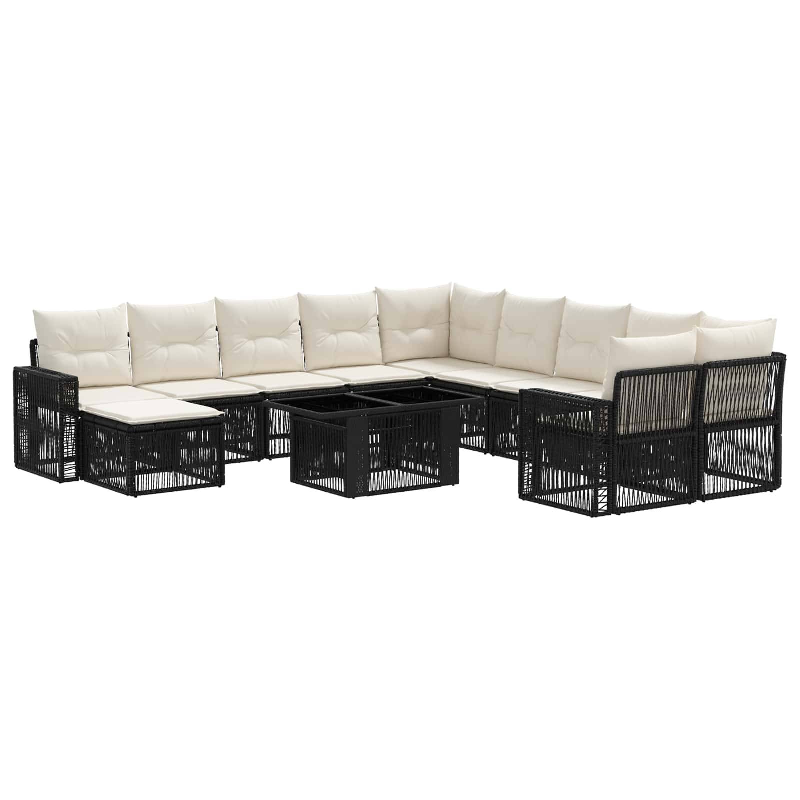U-förmiges Außen-Ecksofa mit schwarzem geflochtenem Gestell, beigen Kissen und passenden Tischen/Ottomanen.