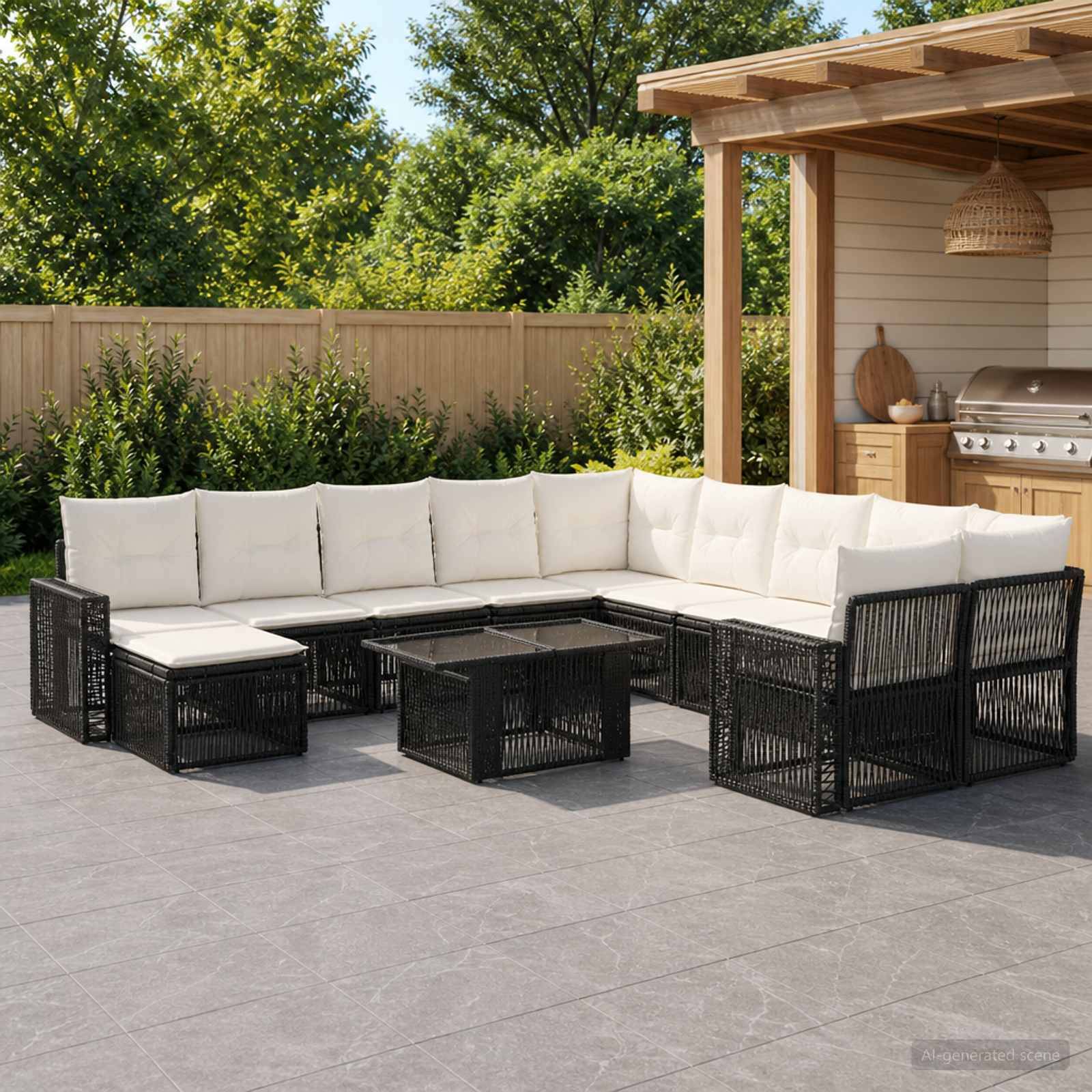 Outdoor-Terrasse mit L-förmigem schwarzem Rattan-Ecksofa, cremefarbenen Kissen und passendem Couchtisch neben einem überdachten Grillbereich.