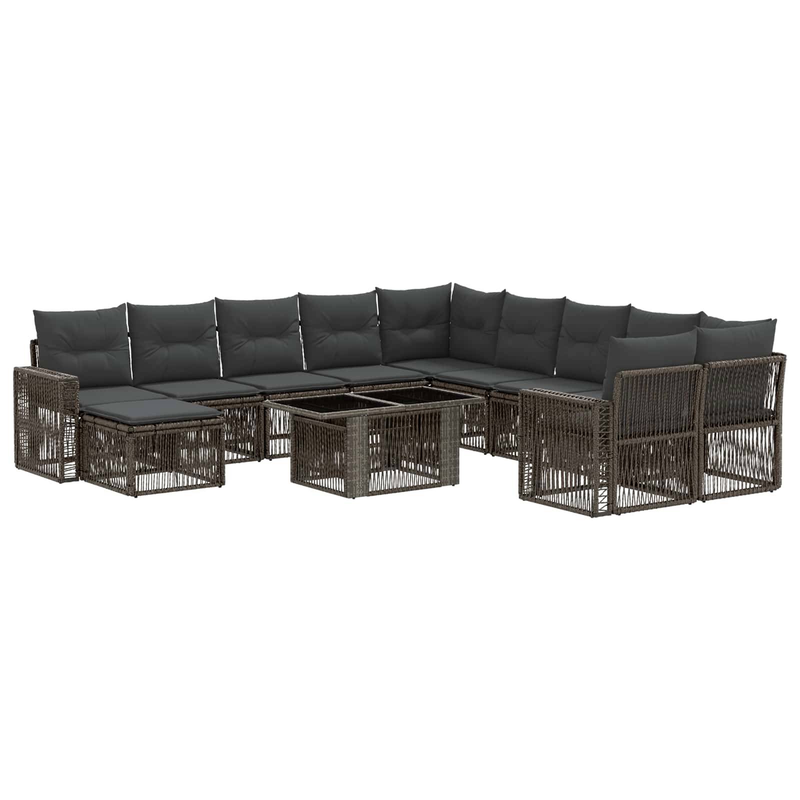 L-förmiges Outdoor-Sectional-Sofa-Set mit dunklen Kissen und gewebtem Metallrahmen, einschließlich Ottomanen und einem Couchtisch.