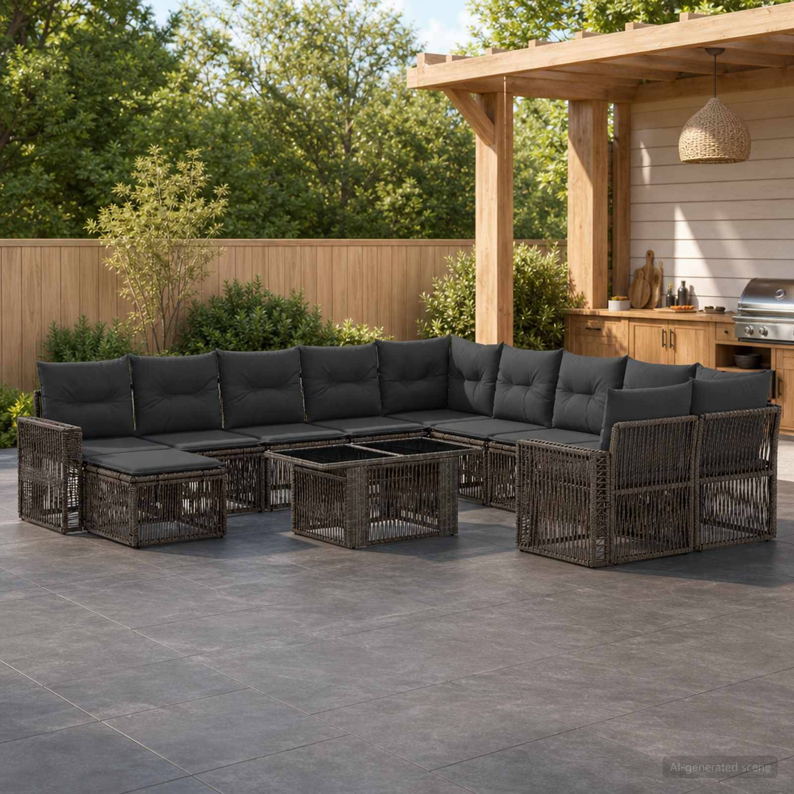 Gartenbesteck mit dunklem Polyrattan-Ecksofa, passenden Stühlen und Couchtischen, angeordnet um eine Feuerstelle neben einer Grillstation.