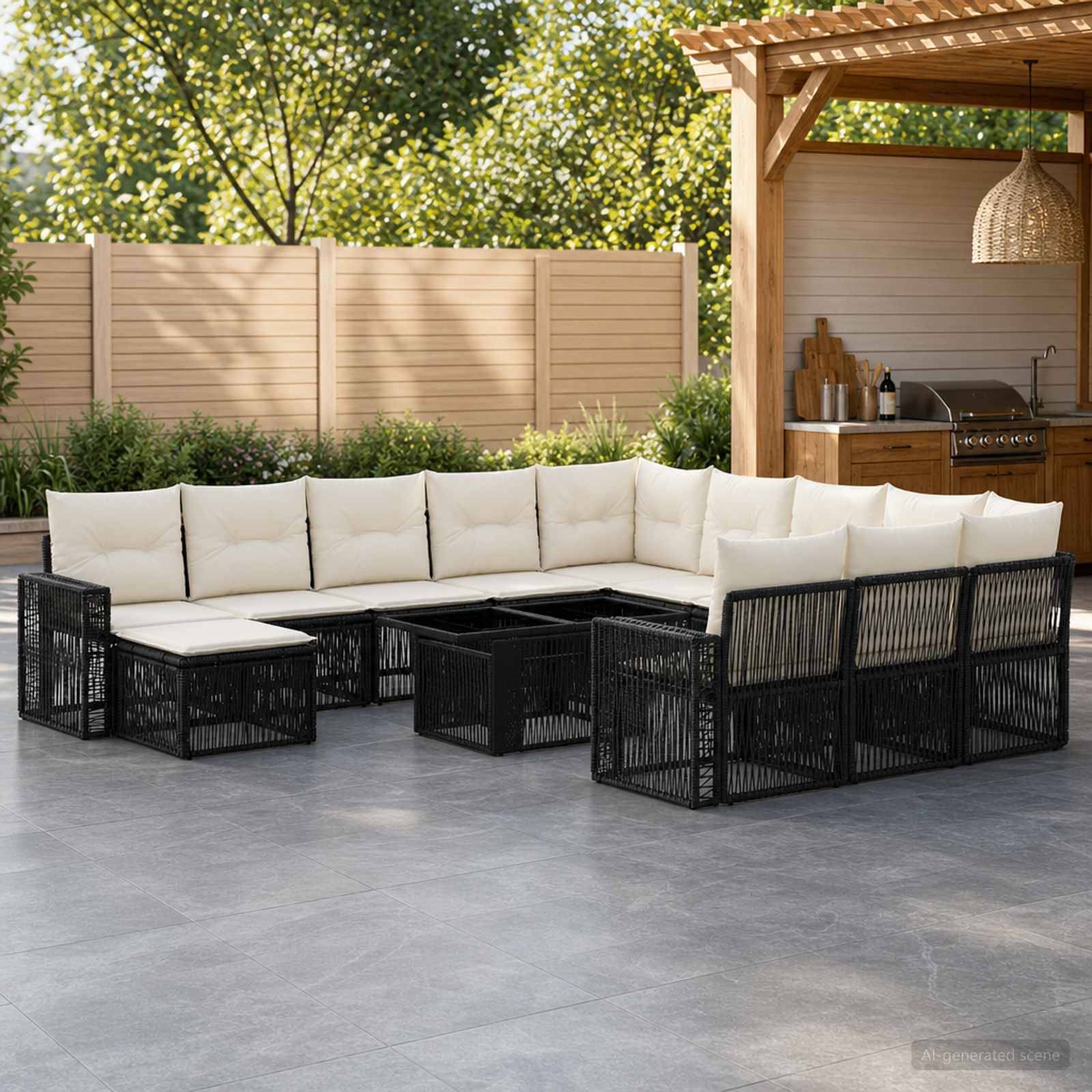 Outdoor-Terrasse mit schwarzem Rattansektionalsofa und cremefarbenen Kissen, angeordnet um niedrige Tische in der Nähe einer Holzpergola und eines Grillbereichs.