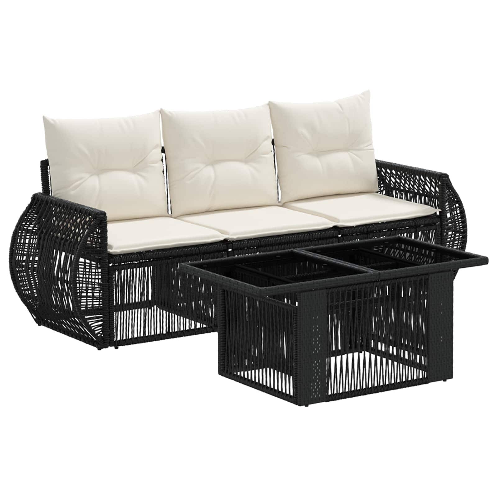 Schwarzes Rattan-Außensofa mit weißen Kissen und passendem rechteckigen Couchtisch auf weißem Hintergrund.