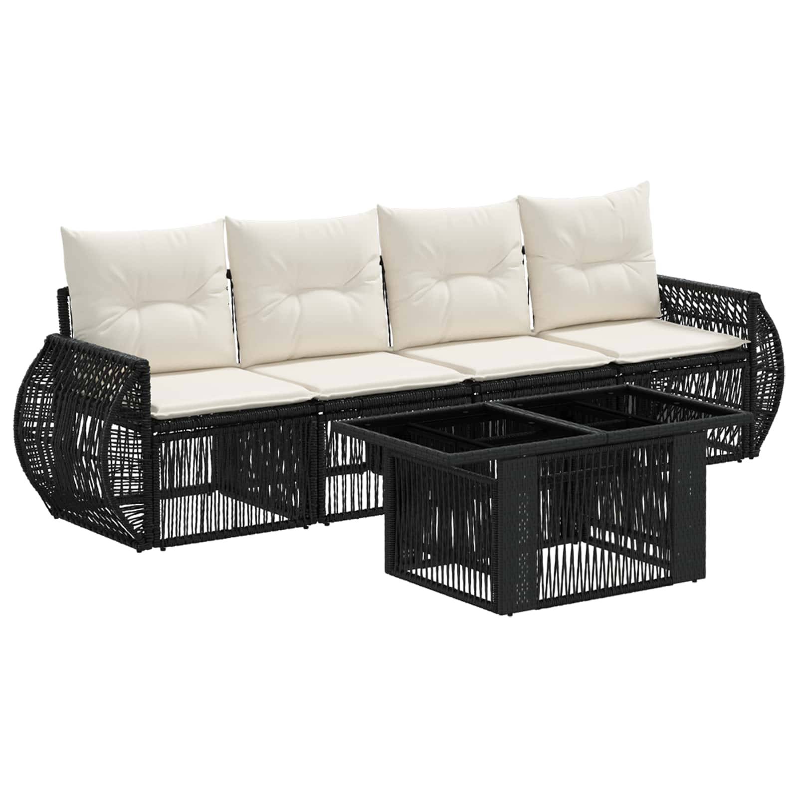 Schwarzes Rattan-Außensofa mit cremefarbenen Kissen und passendem quadratischen Couchtisch
