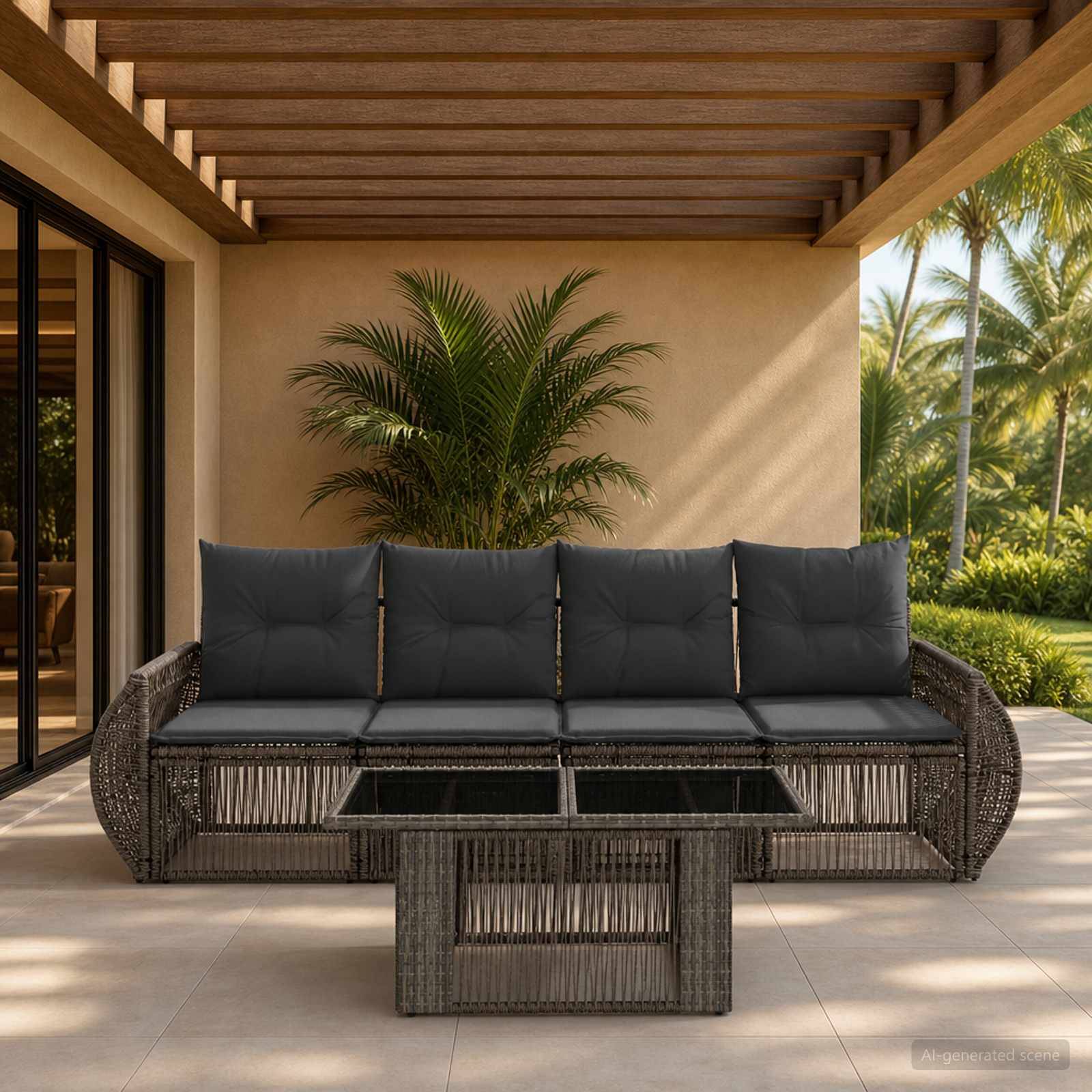 Terrassencafé im Freien mit dunkelm Rattansofa und Glastisch unter einer Holzpergola, umrahmt von tropischen Pflanzen und Palmen.