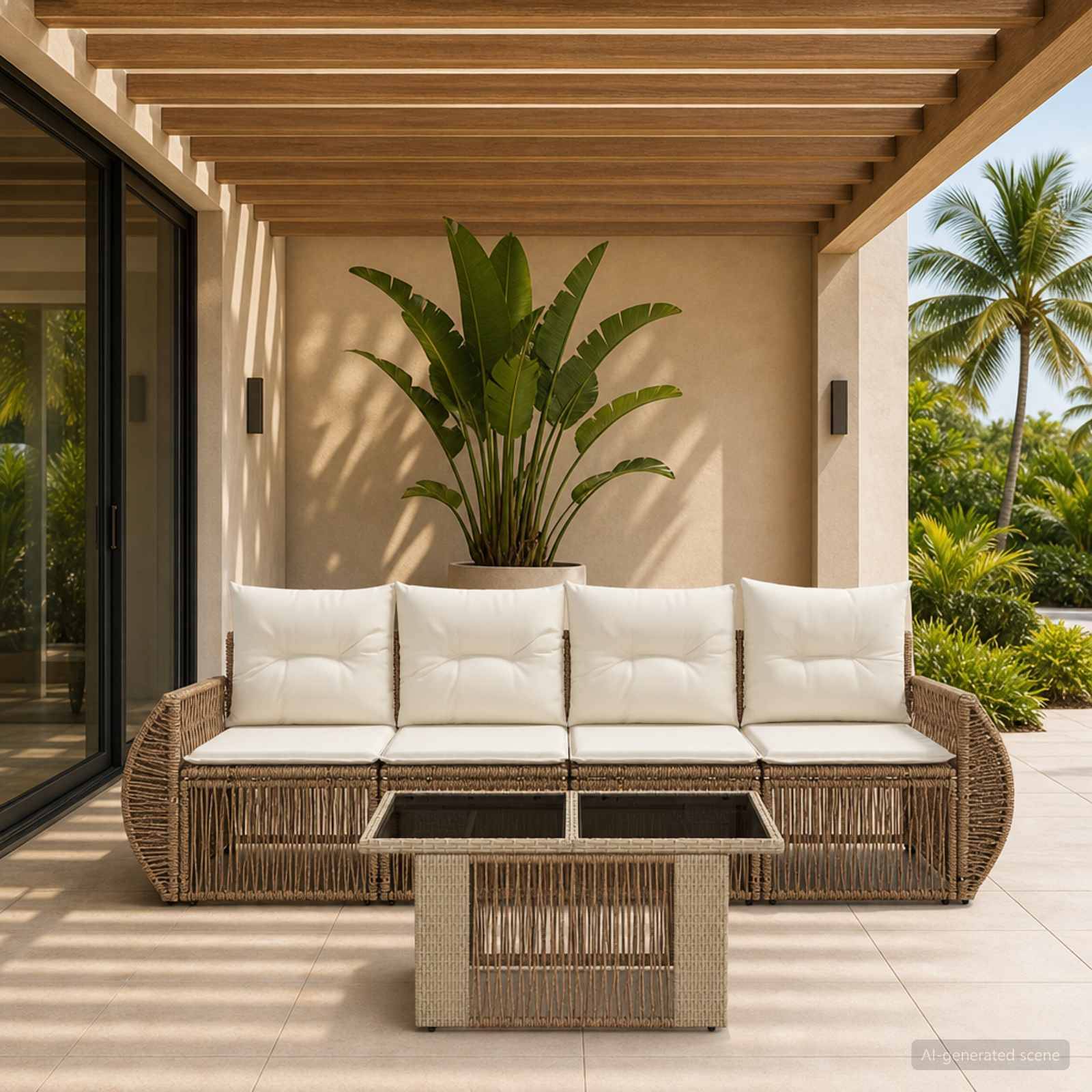 Außenbereich mit Sitzgelegenheiten auf der Terrasse mit einem Rattansofa, Couchtisch und einer getopften tropischen Pflanze unter einer hölzernen Pergola.