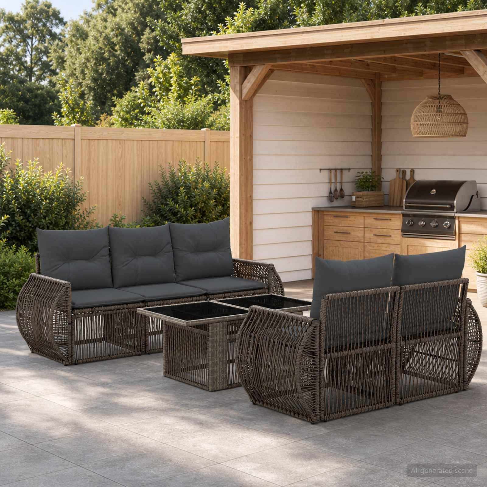 Außenbereich mit Terrassensitzplatz mit zwei Korbsofas und einem passenden Couchtisch vor einer Pergola im Garten und einer Grillstation.
