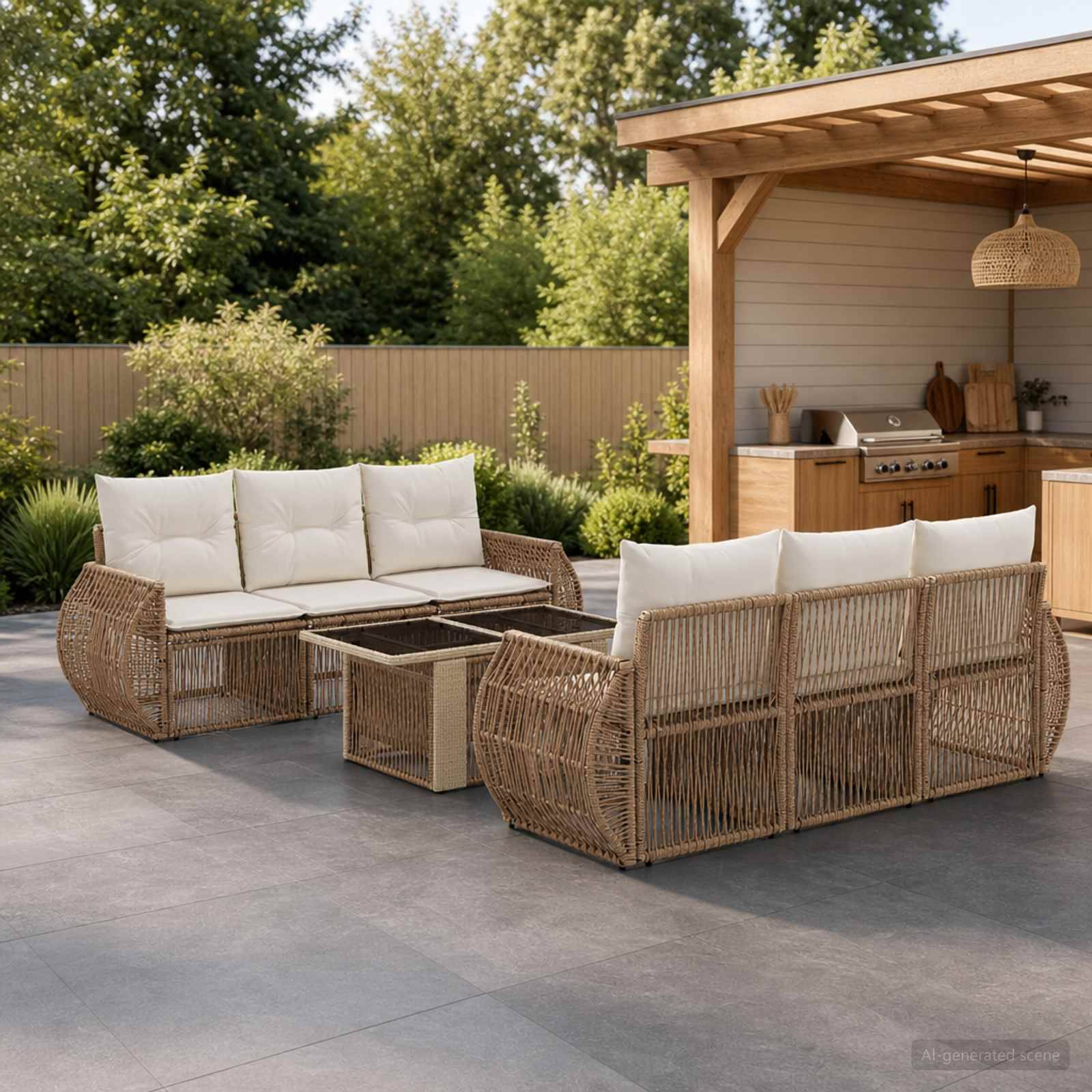 Außenbereich mit Sitzgruppe aus zwei Korbsofas, Couchtisch und eingebautem Grill unter einer Holzpergola in einem gestalteten Garten.