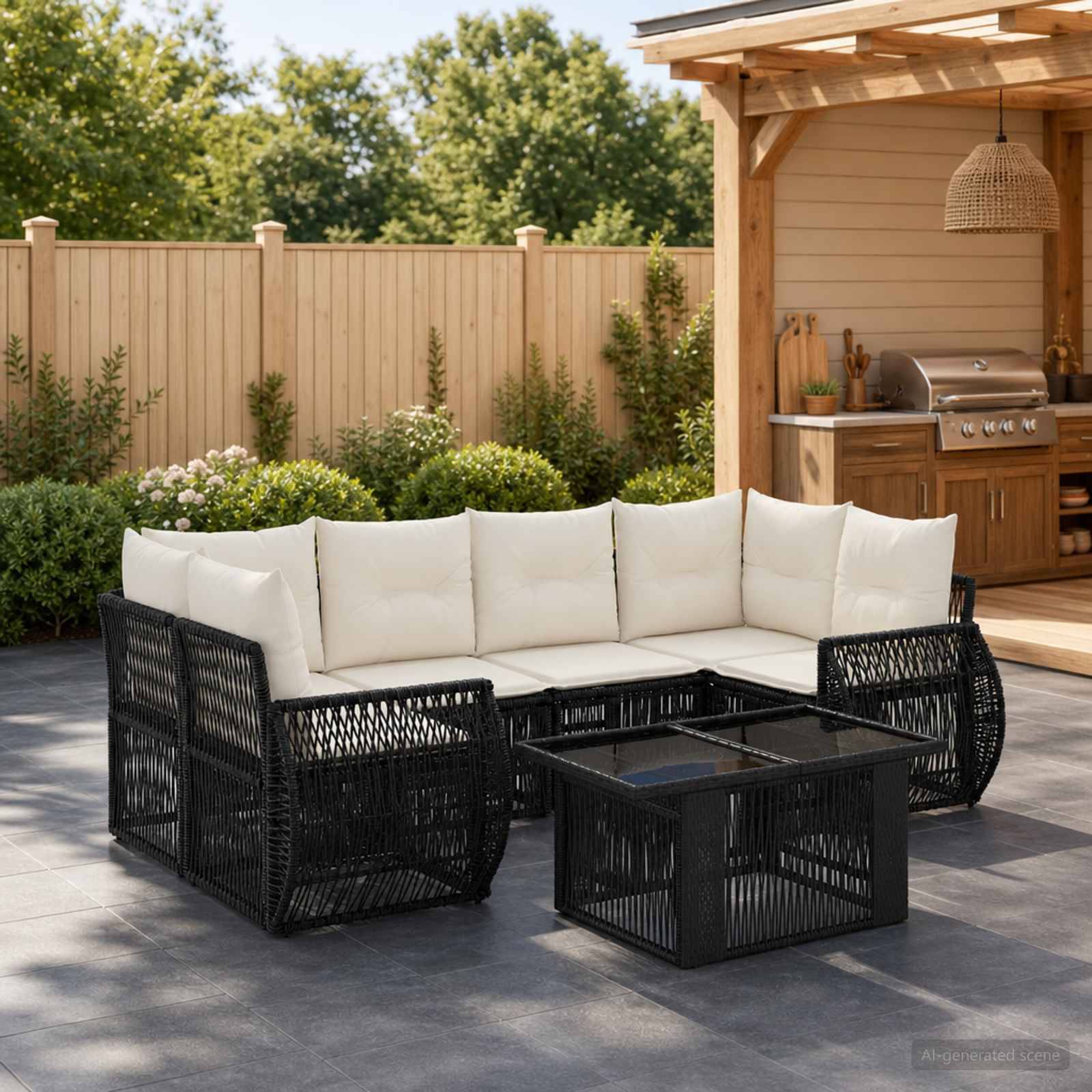 Gartenmöbel-Set für die Terrasse mit schwarzem Rattan-Sofa und Sesseln, cremefarbenen Kissen und einem passenden Couchtisch mit Glasplatte neben einem Holz-Grillbereich im Hinterhof.