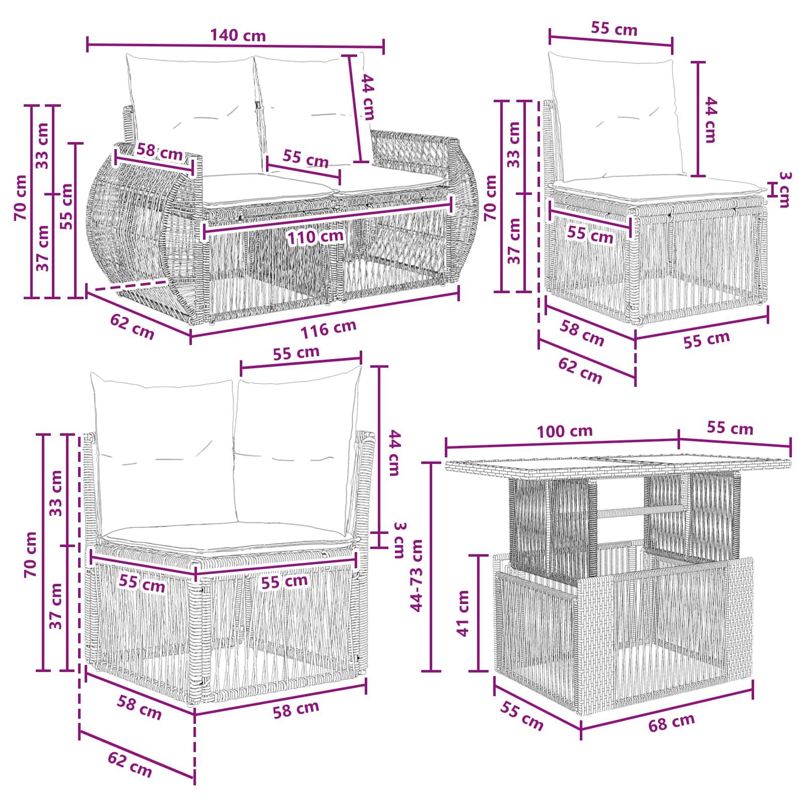 Dimensioniertes Korbgeflecht-Gartenmöbel-Set mit einer Liege, einem Sessel, einem Ecksessel und einem Beistelltisch mit Maßangaben in cm.