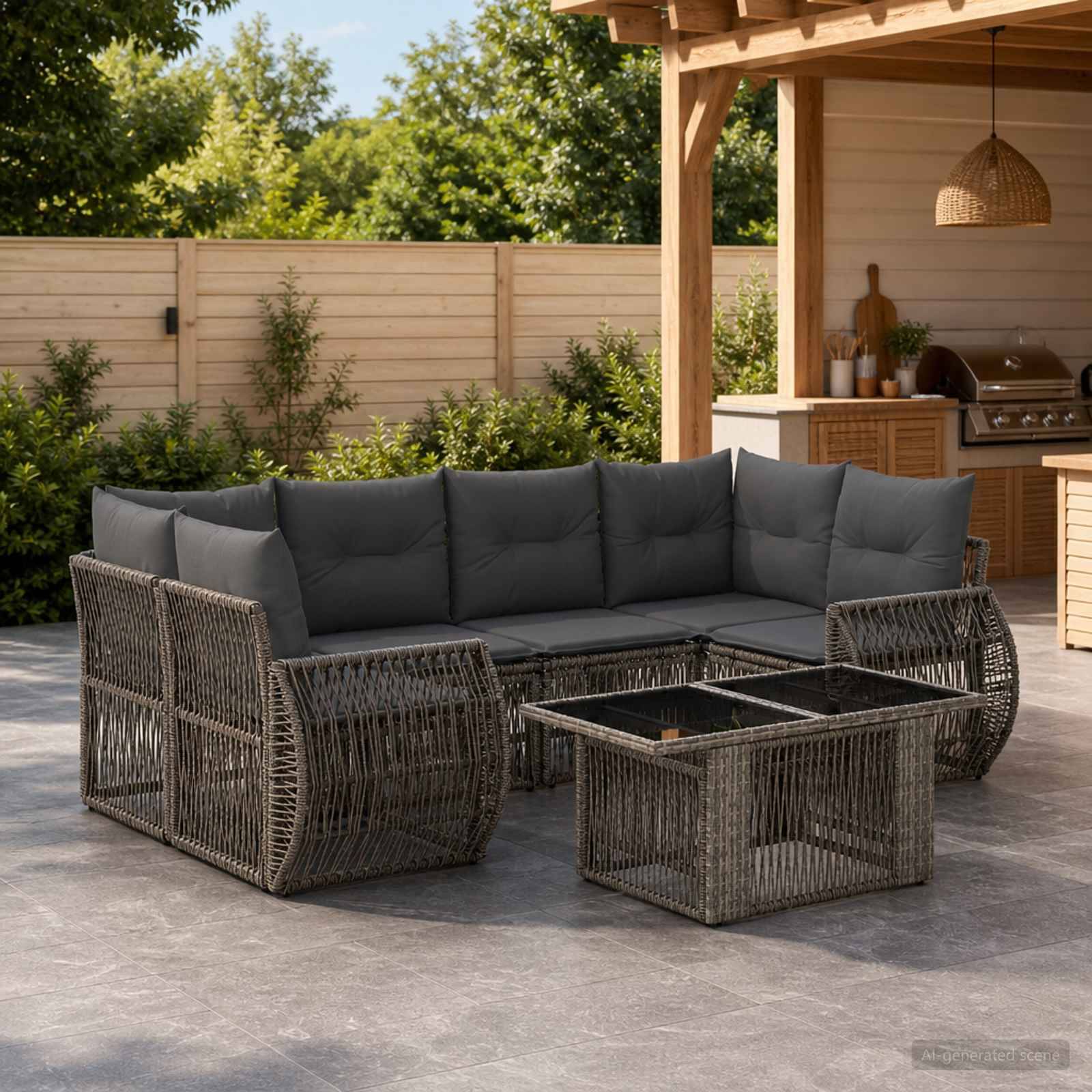 Gartenterrassen-Loungegarnitur mit grauen Kissen und passenden Rattan-Couchtischen auf einer gepflasterten Terrasse im Hinterhof.