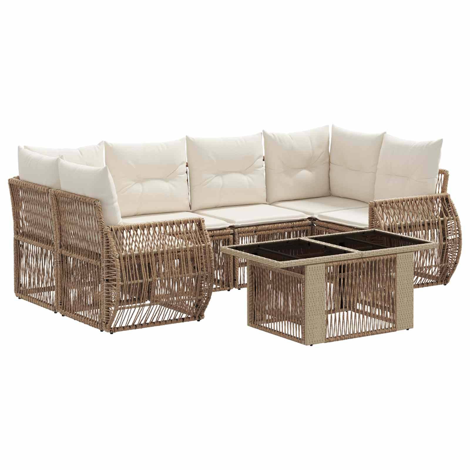 Braunes Polyrattan-Lounge-Set für den Außenbereich mit cremefarbenen Kissen und passendem Couchtisch mit Glasplatte