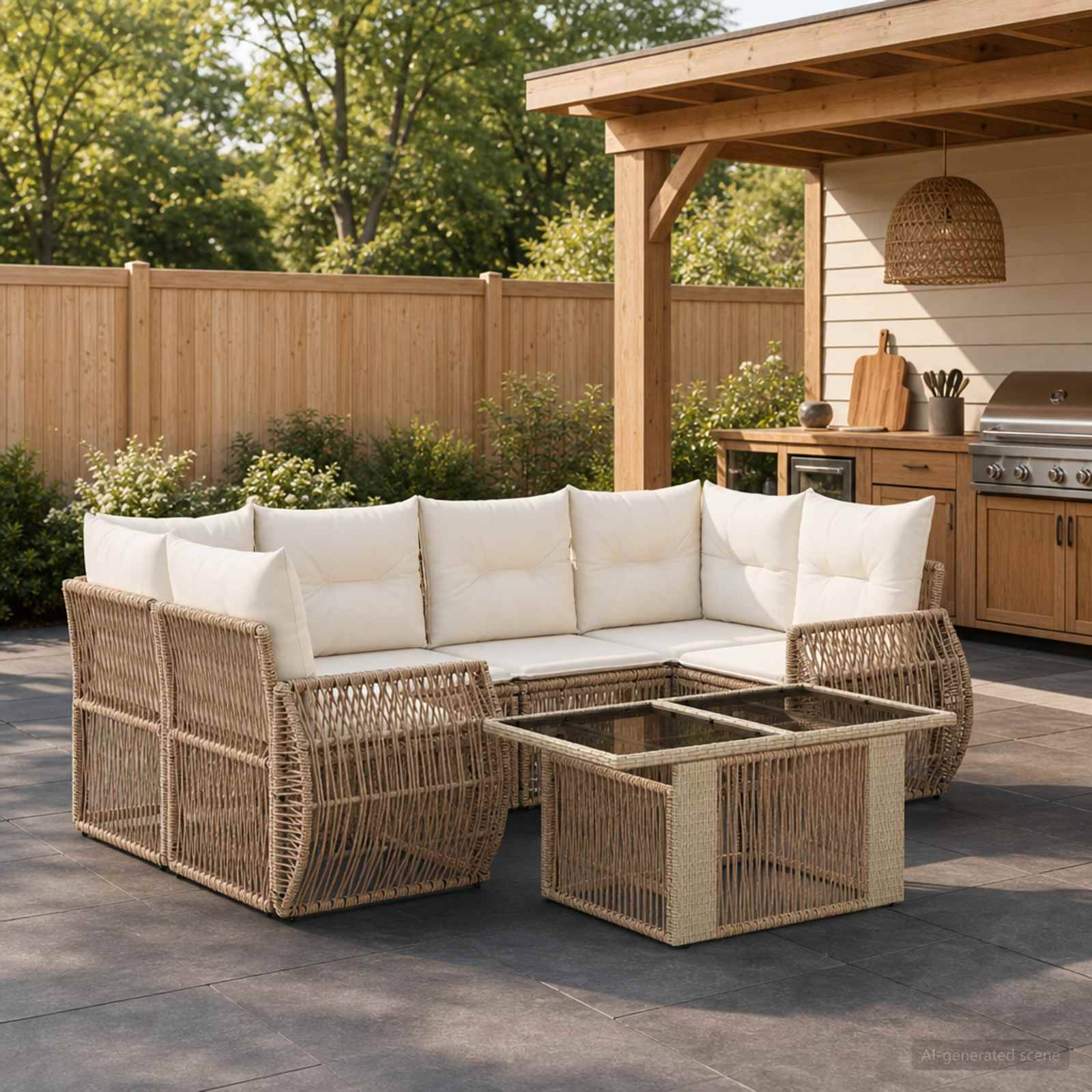 Außenbereich mit Sitzgelegenheiten auf der Terrasse, bestehend aus einem Rattan-Ecksofa, gepolsterten Stühlen und einem Couchtisch mit Glastischplatte neben einer überdachten Grillstation im Hinterhof.