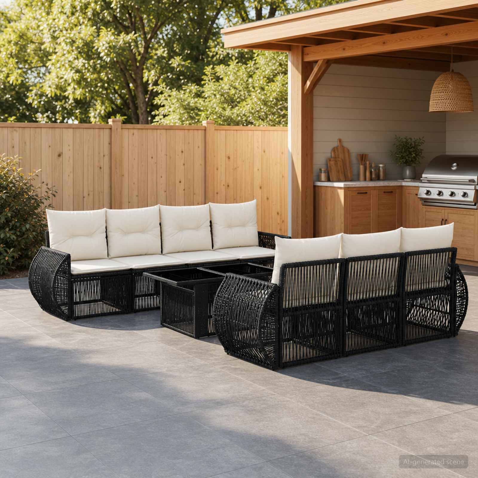 Terrasse im Freien mit schwarzem Rattansektionalsofa und beigen Kissen um einen niedrigen Tisch neben einer Außenküche und einem Holzzaun.