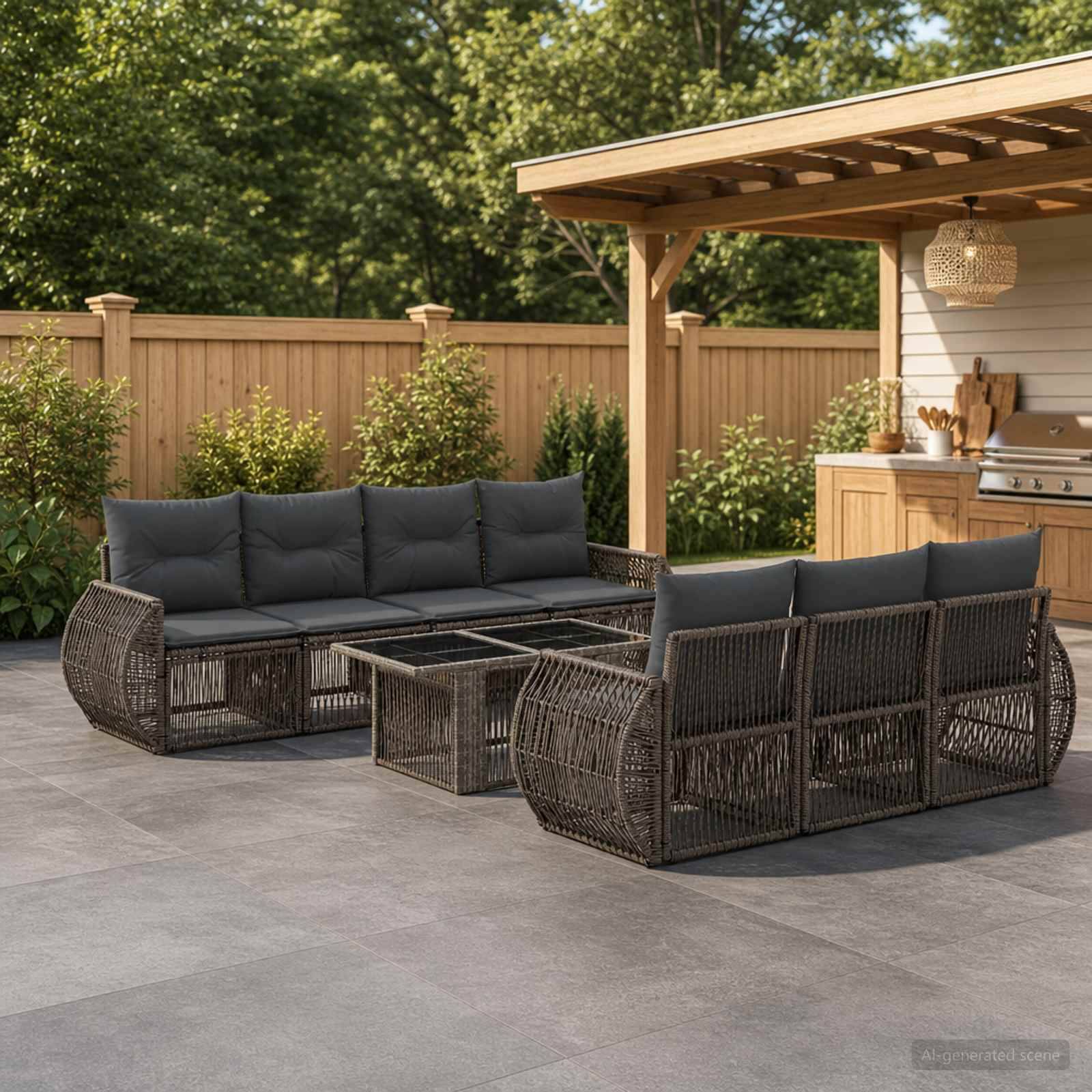 Gartenmöbelset für die Terrasse mit zwei geflochtenen Rattansofas und einem Couchtisch mit Glastischplatte auf einer Betonterrasse neben einer Außenküche und einem Holzzaun.